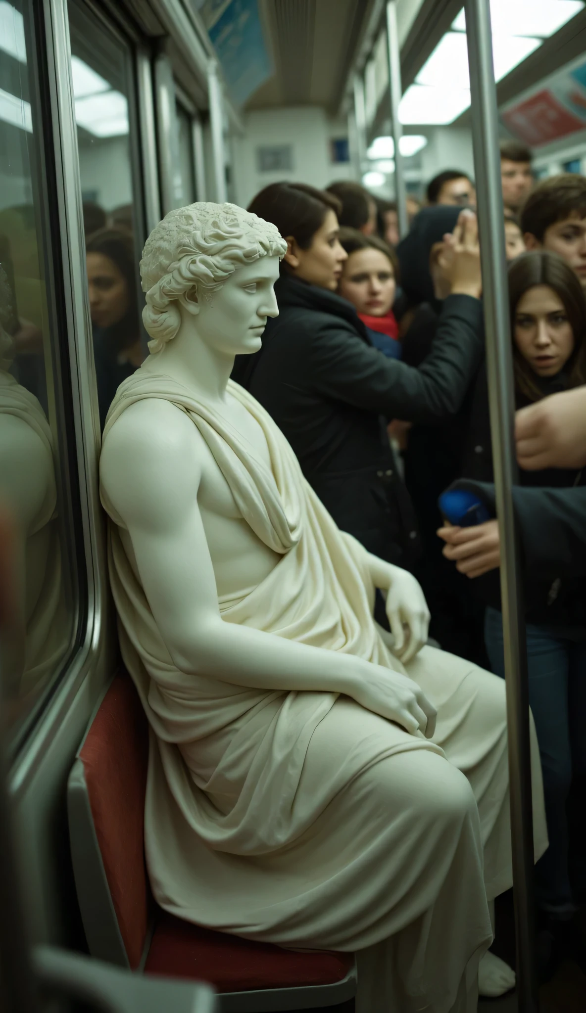 Greek marble statues sitting in a very crowded subway train during rush hour, commuting, sad expressions. intricate details, photo taken on hasselblad, creative photoshoot, unreal render 8k