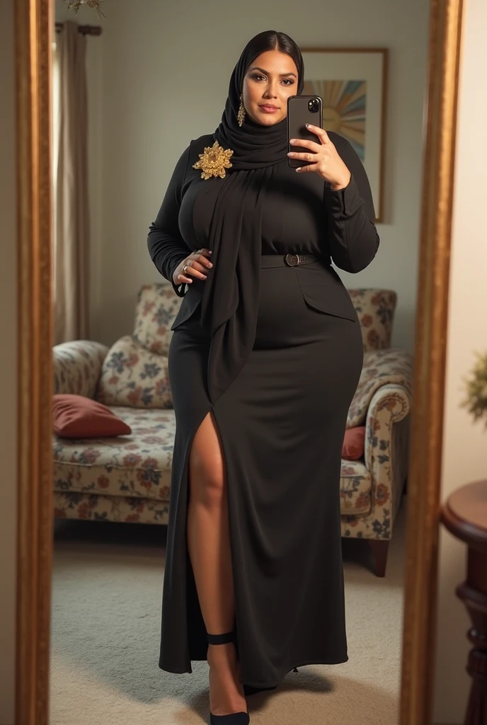 ((best quality)), ((masterpiece)), (detailed), ((ultra high resolution)), perfect face, perfect eyes, mature woman, wearing a hijab, muslim clothes, wearing a sneakers, Modest dress, gorgeous, nice viewer, eurasian woman, big body, full body view, big thighs
