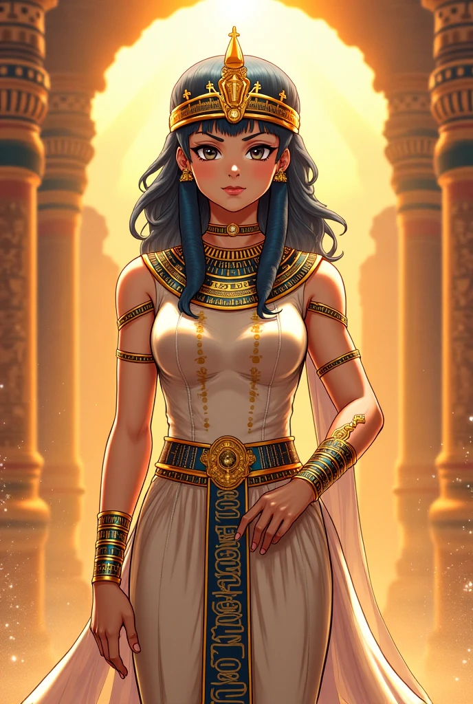  ancient atmosphere, royal palace, realistic, HD, Queen Isis, half-length, adorned with jewelry, holding an ankh in her hands, ancient atmosphere, royal palace, realistic, HD Imagine a large-scale painting, with vibrant, rich colors, depicting the goddess Isis in all her majesty and glory. Isis is at the center of the composition, an imposing and serene figure, radiating power and benevolence. She is depicted in traditional Egyptian attire., adorned with elaborate jewelry of gold and precious stones, that twinkle in the soft light. Your dress is deep blue, symbolizing purity and wisdom, while your golden cloak floats lightly, suggesting movement and divine energy. Isis wears a crown composed of a stylized throne, representing your name, and a solar disk between two cow horns, symbolizing your connection to heaven and celestial power. Your eyes are big and expressive, showing both compassion and inner strength. Around her, an aura of golden light emanates, suggesting his divinity and protection. in background whith, there is a scenery of the Nile at dusk, with palm trees and ancient temples, creating a mystical and sacred environment. Sacred birds, like the ibis and the falcon, fly around, representing your connection to nature and the gods. The sky is dyed orange and purple, reflecting the tranquility and reverence of the moment.