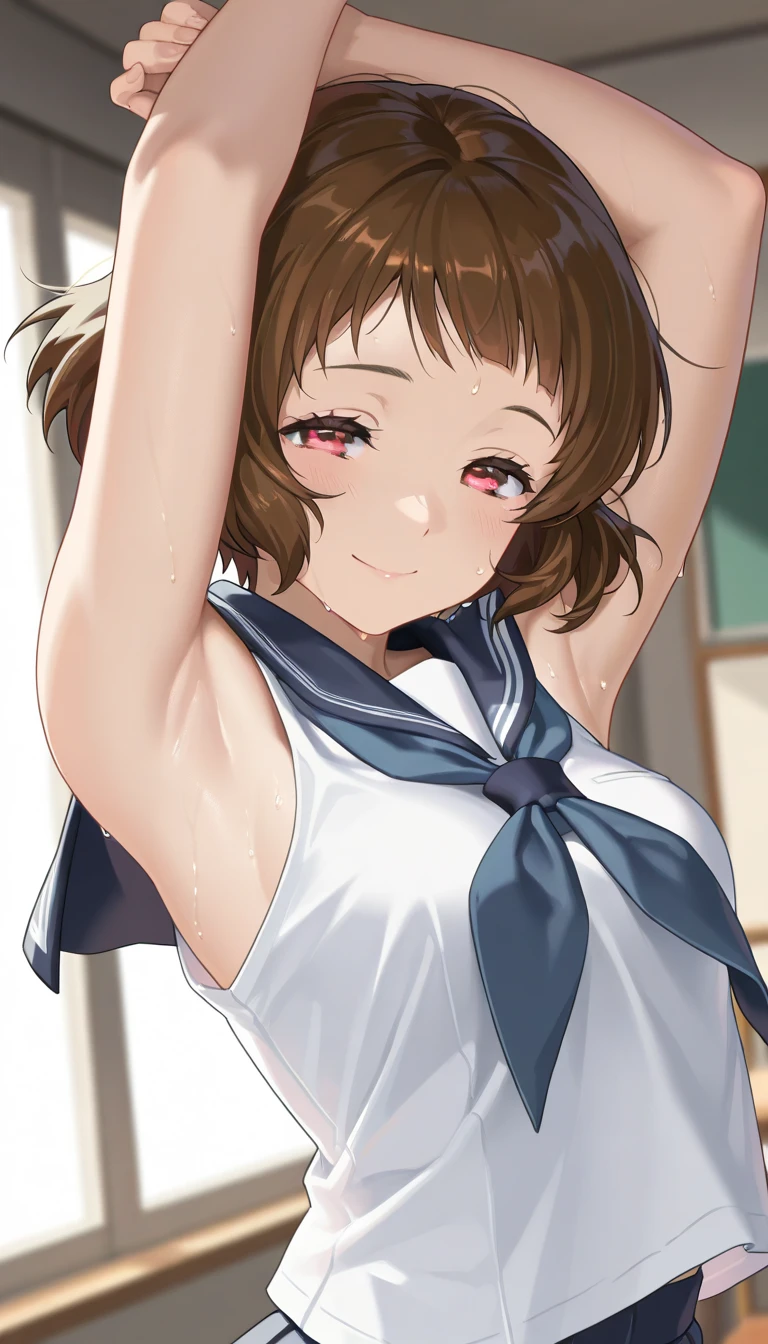 Twin tails, [1girl, kurusu kanako, ore no imouto ga konna ni kawaii wake ga nai], Highest quality, Super detailed, masterpiece, Ultra-high resolution, 8K, Embarrassing, blush, Lovely, Close one eye, With tears in her eyes and her mouth open, drooling, (arms behind head), wariza, (off-shoulder sailor uniform, micro mini skirt), under boob, crop top navel, medium breasts, Absolute area, Waistline, Shower room