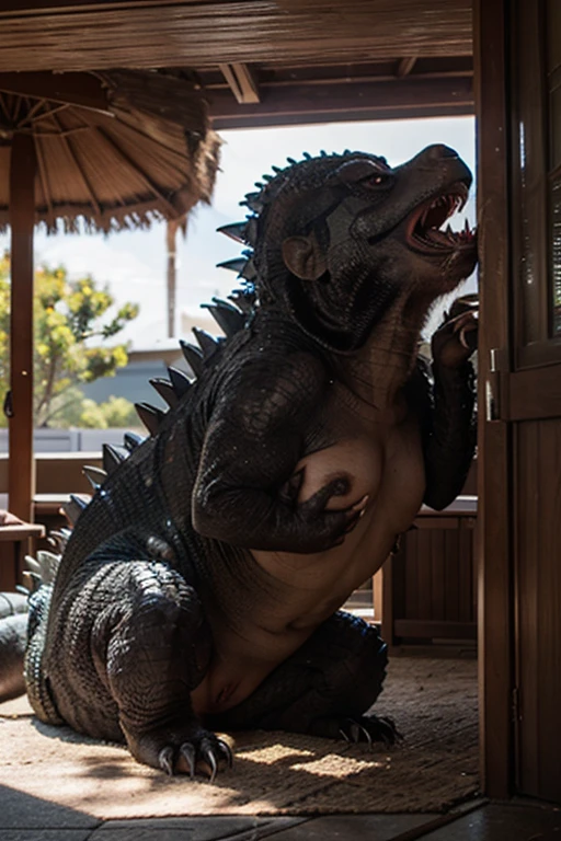 A sweaty exhausted naked cave woman is exhausted, her pet blue velociraptor sniffing and deeply tonguing her gaping anus. it has become very aroused and extended its enormous knobby penis (huge glans, shaft the length of its body) she has love on her exhausted face, she is enjoying the dinosaur tonguing her anus