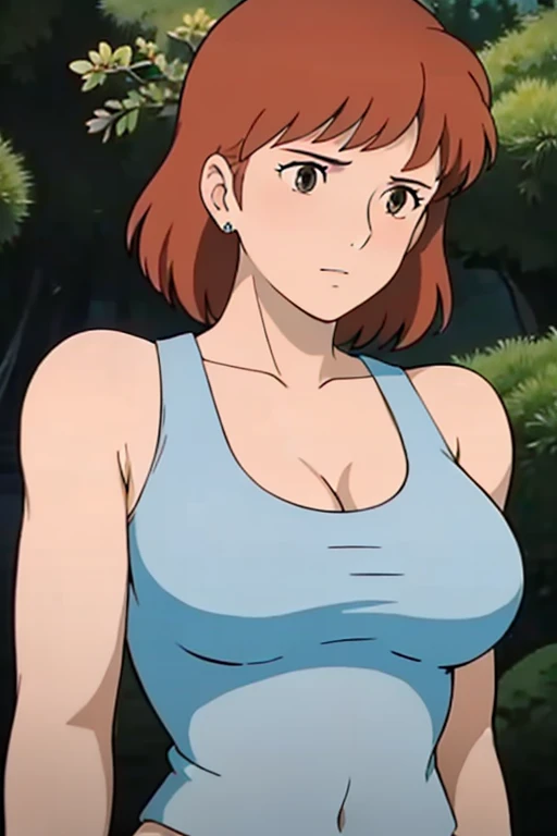 Browsing Caution,(masterpiece, Highest quality, High resolution, Anime screenshots, Anime Color, 8k, Realistic), Nausicaa, woman, mature woman, wife, alone, Brown Hair, (Looking at the audience), Huge breasts, Cleavage, (Badly ripped tank top:1.5), Upper Body, forest, (Perfectly detailed anatomy, Beautiful and elaborate face&eye:1.5, Glowing Skin, Perfect body)、Erect nipples、I want to see up to my knees、Thin fabric panties、Wide-open legs