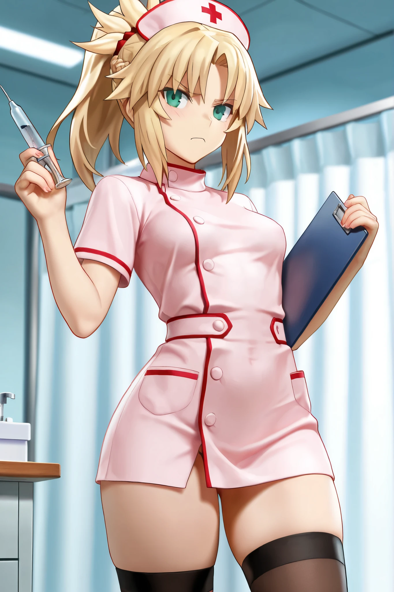 1girl, solo, nurse, nurse cap, white nurse uniform, ((white legwear, zettai ryouiki)), white gloves, twintails, yellow hair, purple eyes, angry, crossed arms, standing, ((hospital room)), sharp outline, short sleeves, best quality, masterpiece