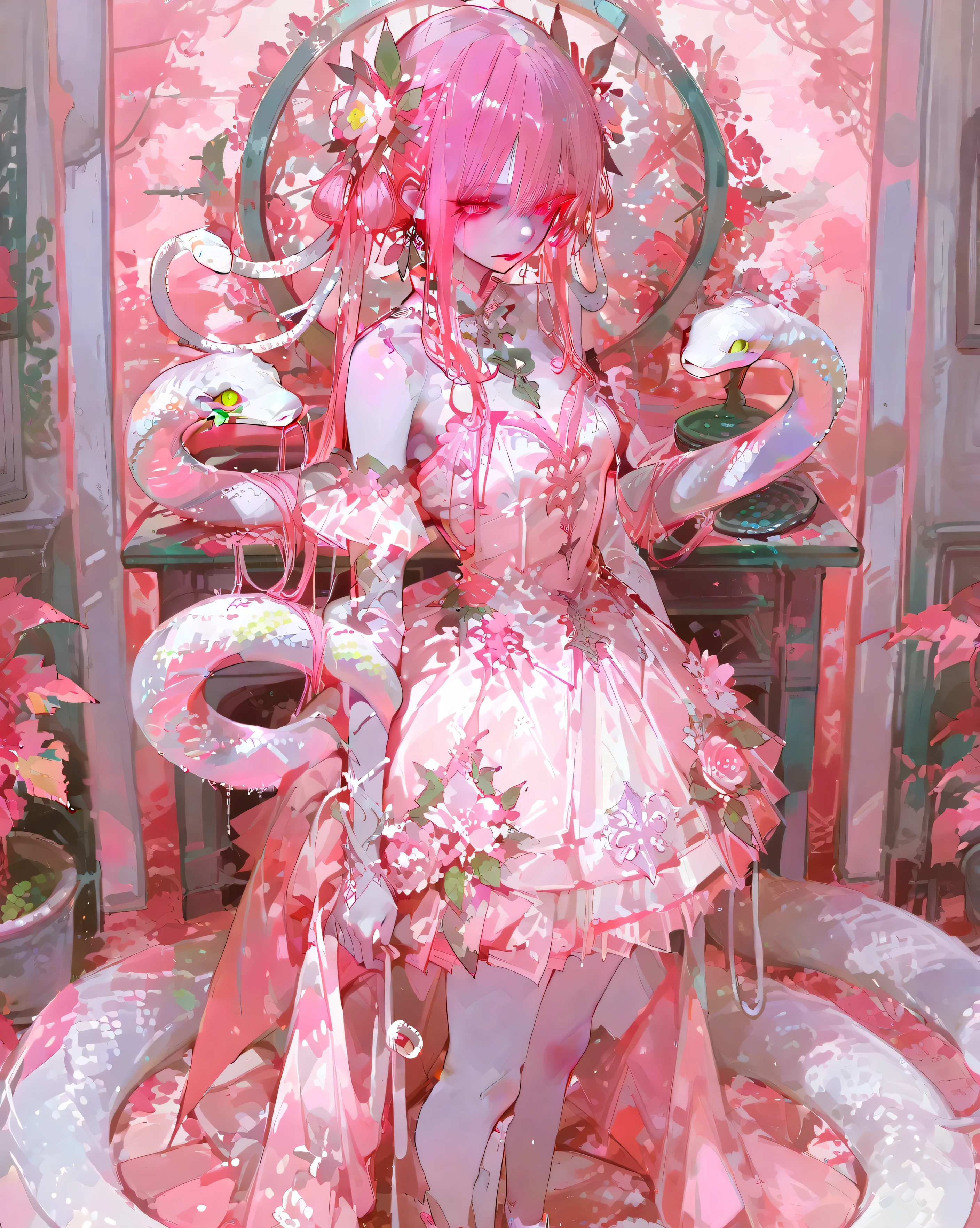  A mystical female figure, standing full-length, with magical facial features. She has pale skin, luminous pink eyes and expressive red lips. Her hair is a complex locks of soft pink color, decorated with flowers, leaves and decorative elements. Snakes with green eyes wriggle in her hair, which gives the image a mythological or fantastical touch. She is wearing an elegant dress of pink and white colors,
