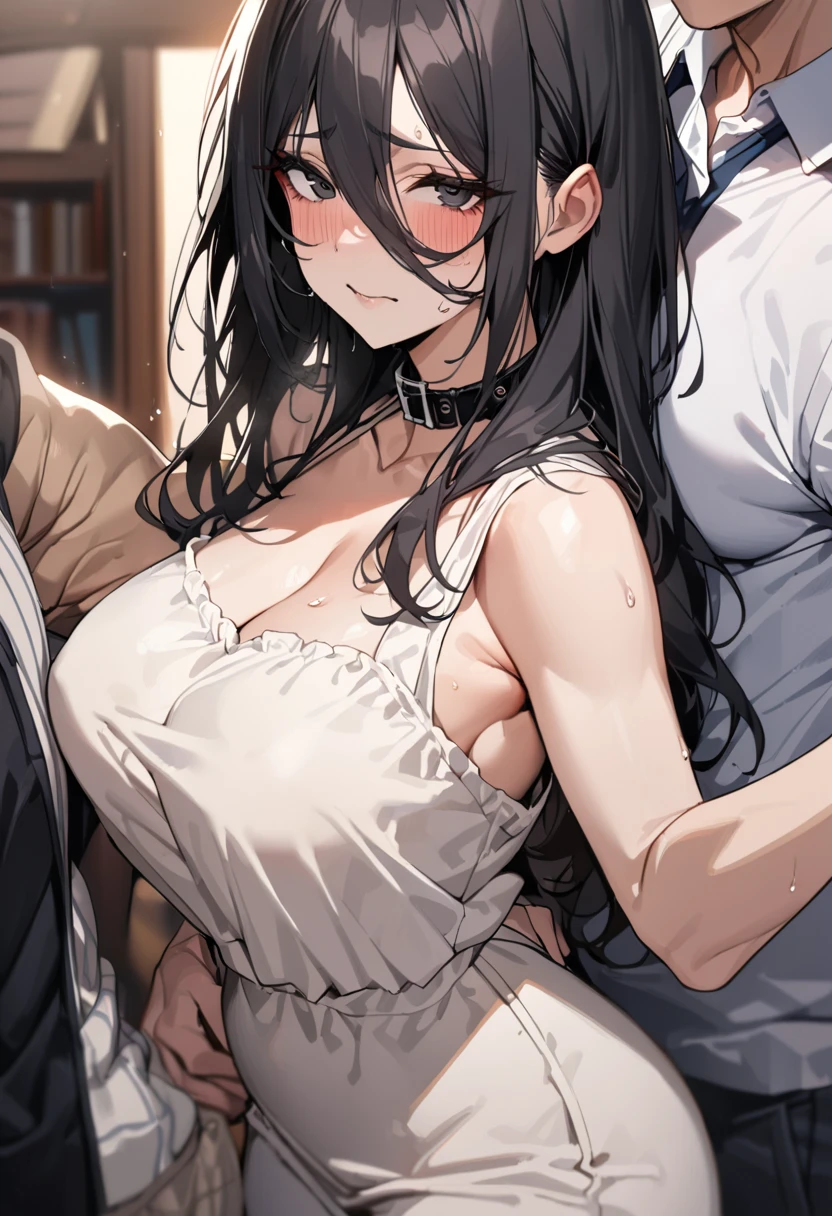 masterpiece、Highest quality、Best image quality、High resolution、Big Breasts、Black Hair、Long Hair、Brown eyes、Married Woman、30th Generation、woman、room、Black Bra、Black panties、One Boy、Touching the chest
