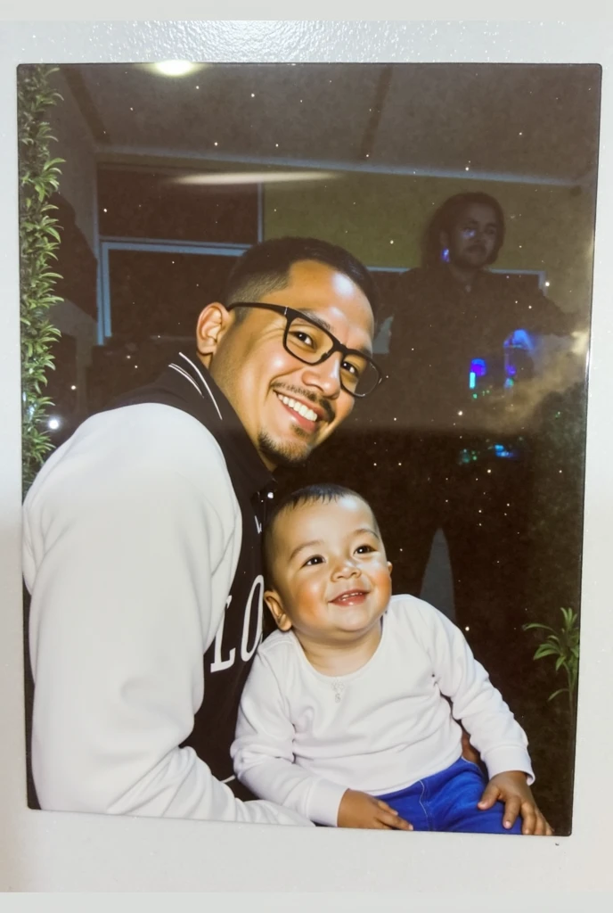 There's a man holding a baby on his shoulders, father with a , affectionate fatherly broad forehead, father smiling, black sweatshirt, photo realist, father a little fat