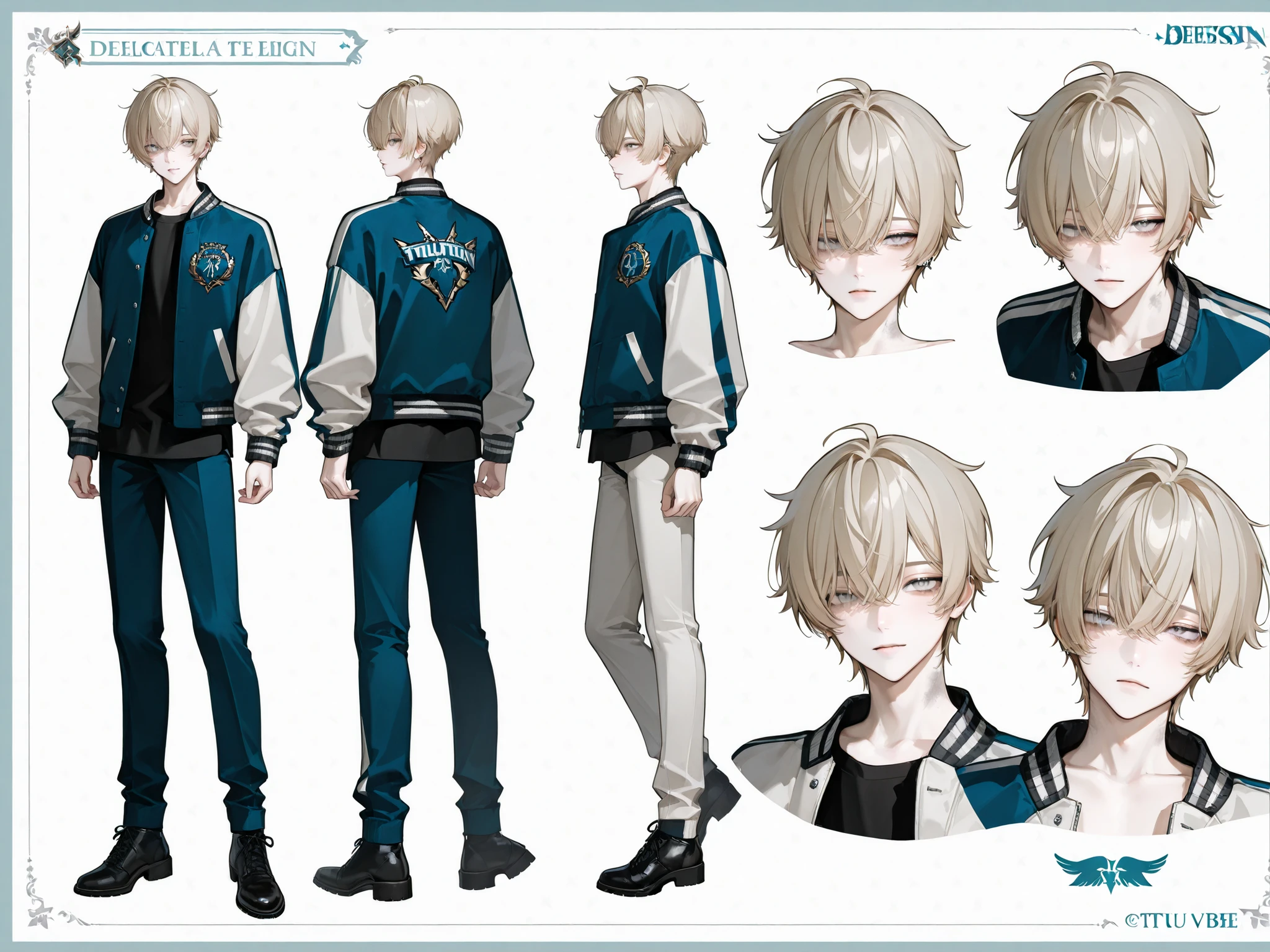 1 boy, cute, Delicate, beautiful, full body, deep eye sockets, bangs, neat hair, slightly medium-short hair, dirty ASH BLONDE_hair, gray lavender eyes, pale flawless skin, varsity jacket, handsome, sexy, thin eyes(((vtuber design, character sheet)))