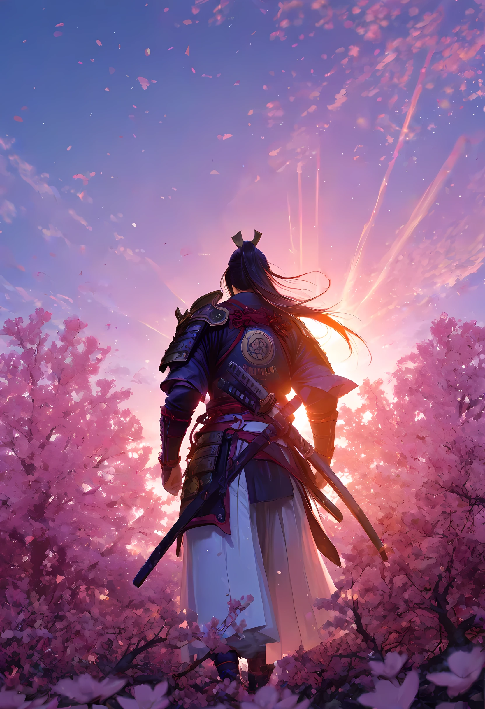 a woman samurai under the cherry tree at sunset, beautiful woman samurai, she holds an epic katana blade, the blade reflects the sun, ultra feminine, long hair, braided hair, dynamic hair color, an epic cherry tree, wearing armor, many branches, colorful, the sun rays come between the leaves and branches, light reflection, it is sunset, some clouds, award winning, photorealism, depth of field, hyper realistic, Cinematic Shot, fantasy, Colorful