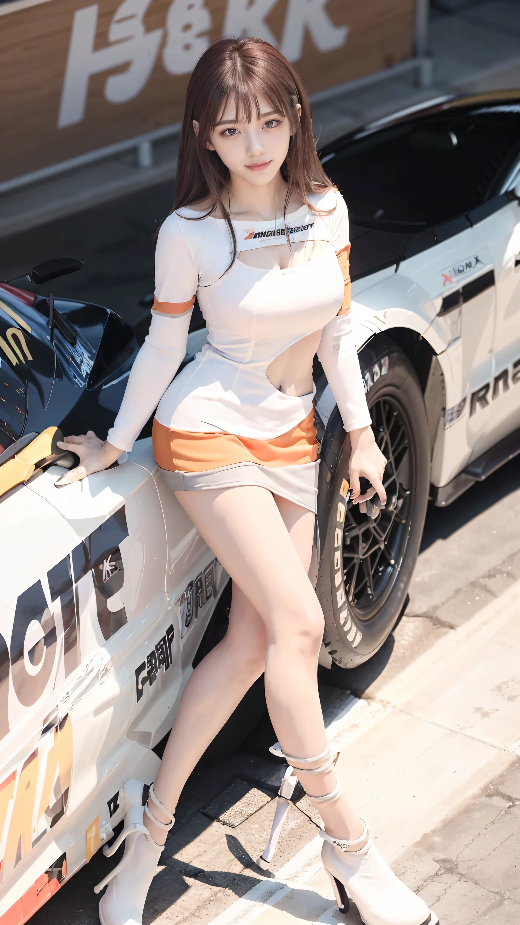 (8k, RAW Photos, Best Quality, masterpiece:1.2), (Realistic, Photorealistic:1.37), Super A high resolution, One Girl, 18 years old, (Idol:1.4), (Famous actress :1.4), (Beautifully detailed face:1), bangs, (Multi-colored floating hair), Cutaneous dentition, light makeup, (Beautiful big breasts:1.3), (Glowing Skin:1.1), Shiny skin, Long limbs, slim, Hanging Chest:1.3, Narrow waist, Medium Hips, Thin legs, slim thigh, moving lighting, Sexually provocative face, Shiny Texture, lipstick, V-shaped eyebrows, V-shaped jaw, View your viewers, (Very beautiful hairstyle:1.3), (Perfect Face:1.4), ((Strong winds)), Flowing Hair, audience, (smile:1.3), blue sky, High Mountain, (((Suzuka Circuit))), (((Racing Car))), (((Racing Bike))), ((Promotion Girl:1.3)), ((Grid Girls:1)), Pink Lip, light makeup, (Detailed promotional costumes are intricately worn:1.10), Lace-up boots, Crop top, (Tube top bra:1), Knee-length, (((Nylon long sleeve jacket with many logos))), ((ナイロン Knee-length ロング スカート)), (Nylon glitter pleated skirt), Small Ass, ((Promotional wear with logo)), (((White and red&Black and gold line glitter promotional wear))), (((Match the colour of your top and bottom))), fingerless glovesA dark-haired, Brown Hair, Red Hair, blue eyes, (Dynamic Angle), walk, audience,