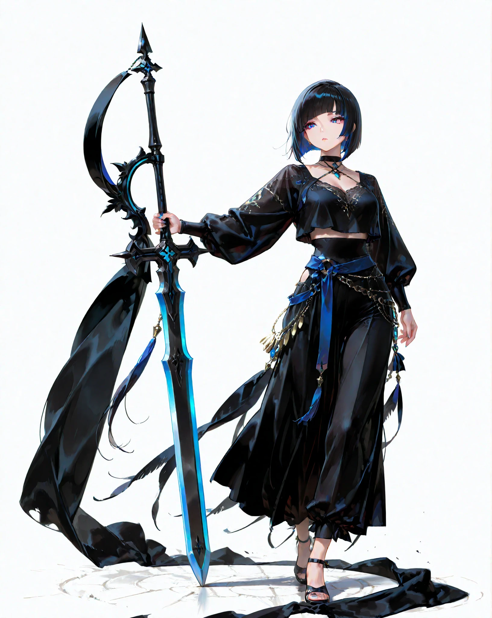 great details、high image quality、simple background、full body、 Hair Color Random 、Straight Bob、arabian、Very large weapon