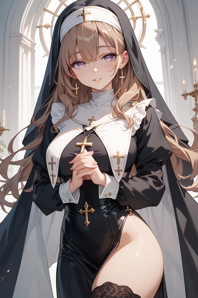Ella freya as nun, detailed portrait, beautiful detailed eyes, beautiful detailed lips, extremely detailed face, longeyelashes, nun habit, ornate interior, church interior, dramatic lighting, intricate details, glowing candles, (best quality,4k,8k,highres,masterpiece:1.2),ultra-detailed,(realistic,photorealistic,photo-realistic:1.37),oil painting,cinematic,dramatic shadows,chiaroscuro,rich colors,warm tones