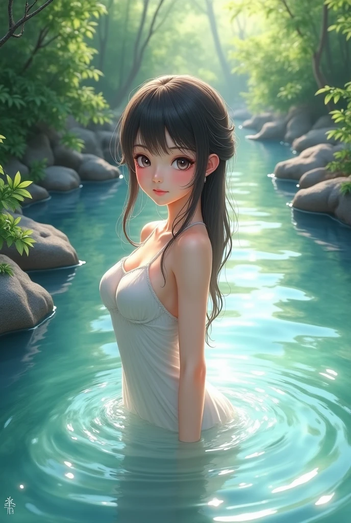 wet, sheer, ((highest quality, 8k, masterpiece 1.4)), (realistic: 1.3), full body detail, sexy, delicate white bikini, perfect proportions, medium tall, slim, Japan 18 year old beautiful girl alone, idol, cute, brown ponytail, slender thin legs, open legs, brown eyes, profile, detailed face, beautiful eyes, lake in the forest, back, small breasts, small ass, blush, Shy, collarbone, looking up at the sun, loneliness, scooping water with hands, beautiful face, depressed, round face, thick lips, strong-willed expression, fair skin, hair, fine skin, real skin, (detail face), cute lips, smiling, moles on the mouth, pores, beautiful eyes, gaze is front, brown eyes, girlfriend, like, beautiful,