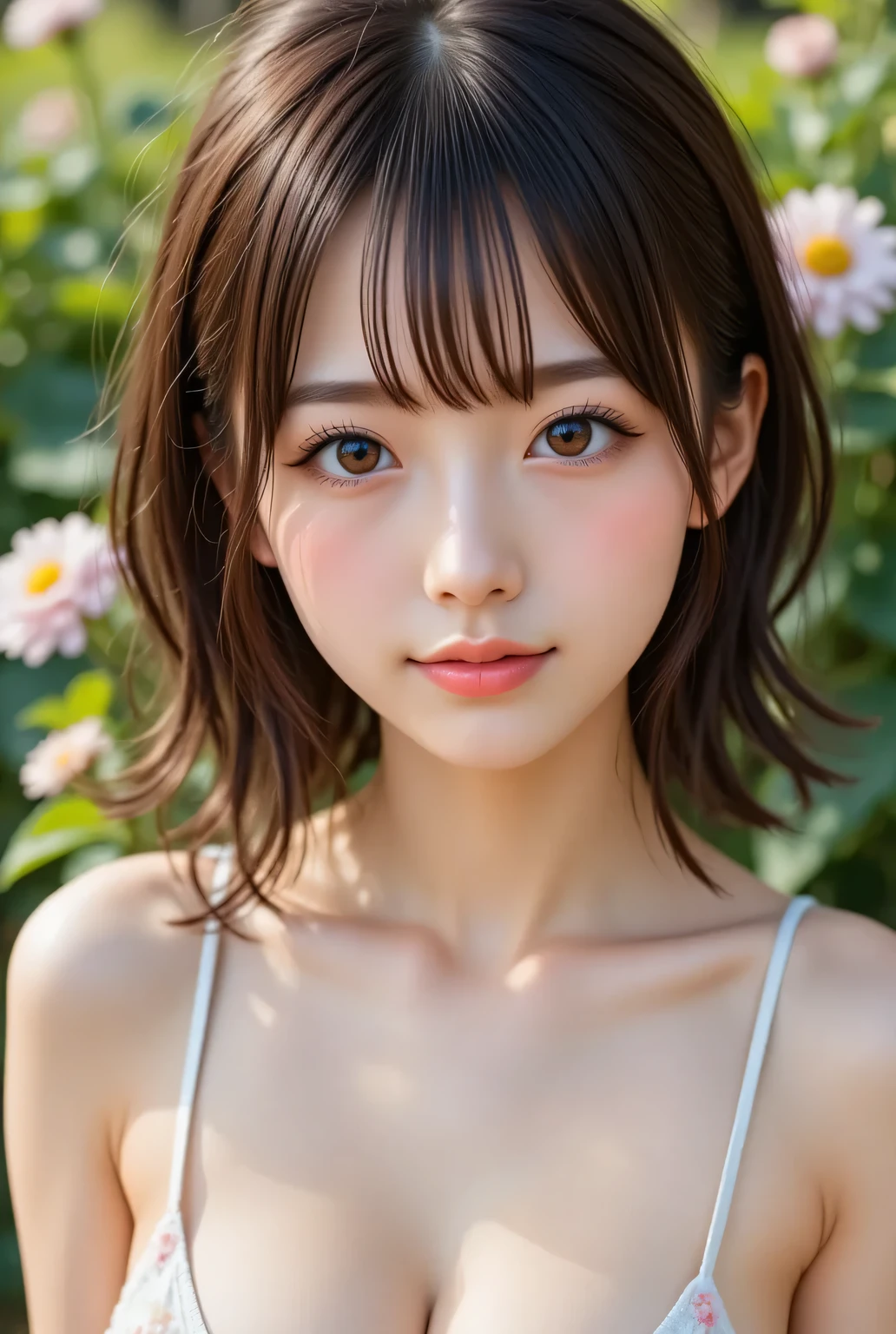 masterpiece , high quality, super detail, super high image quality, 8k,16k,32K, 最high quality , Detailed Faces, Detailed brown eyes, well-groomed eyebrows,18 year old girl,cute face, Bangs,wave hair,Half Smile , Outdoors,Viewer