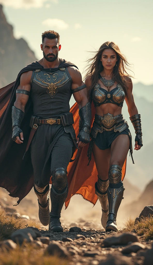 8K,Photorealsitic, 8K,Arahed picks up a woman wearing brown armor.,A woman with a fearless face that looks like a real slender macho man.,Brown-haired Helly Shorthair,Muscular macho brown pants and protectors,超A high resolution,A hyper-realistic,real looking skin,have a large battle ax,
