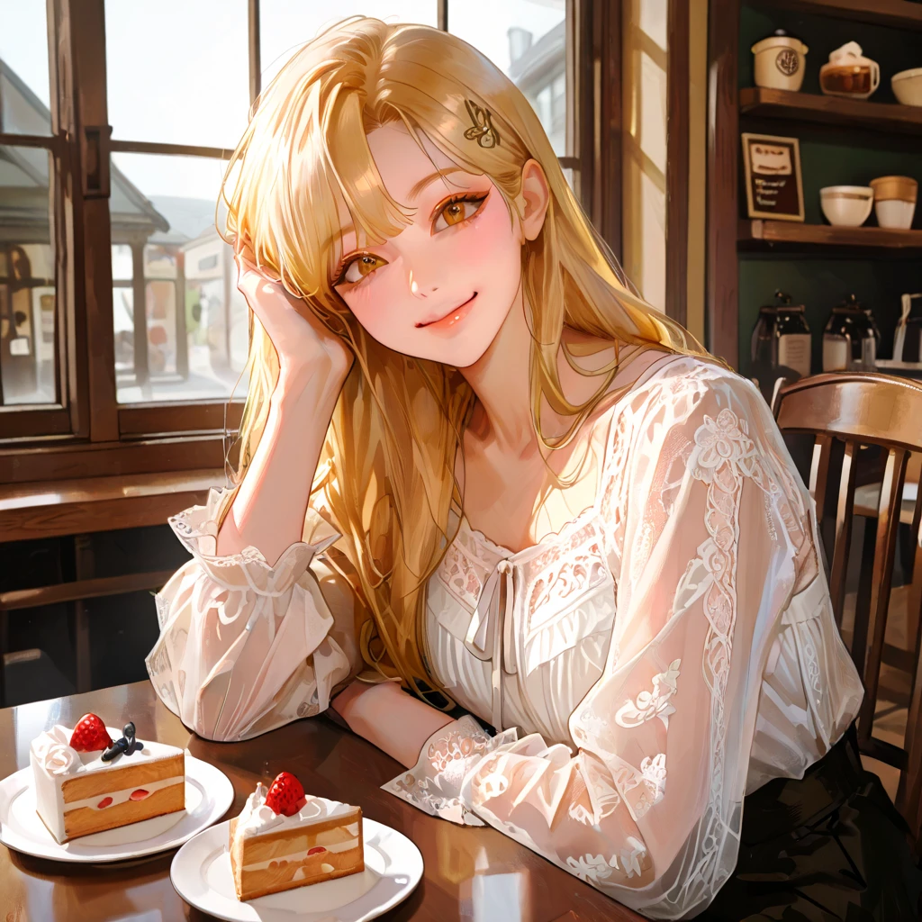 (masterpiece, best quality:1.2), <lora:hazbin_morningstar-10:0.8>, upper body, solo, 1girl, charlie morningstar, smile, looking at viewer, head rest, long hair, red suit, indoors, table, steak on a plate, drinking glass