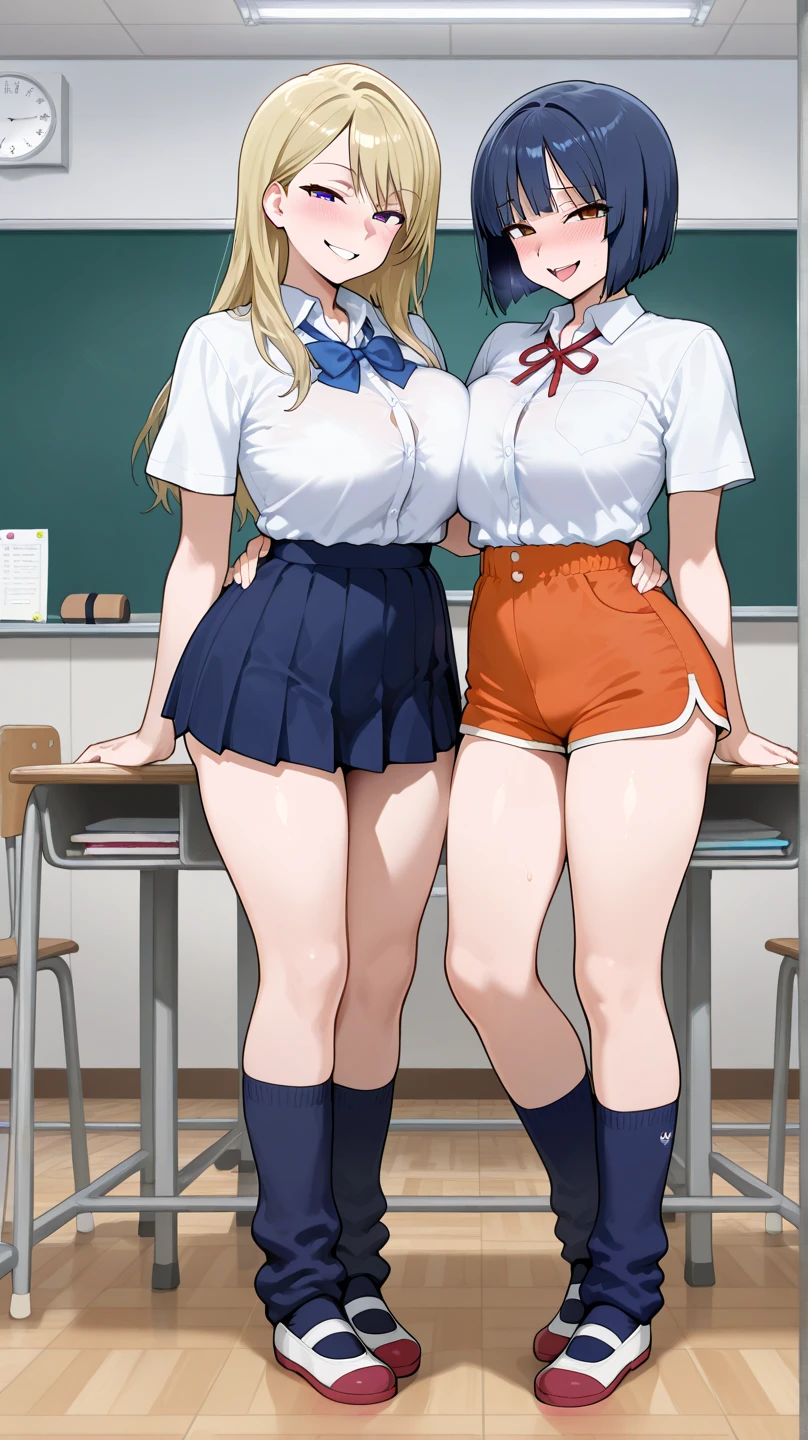 score_9,score_8_up,score_7_up, source_anime, cel shading, young girls duo, ((full body)), ((futanari Japanese highschool girls)), ((Japanese highschool girls uniform)), black skirt, long black hair with blunt bang, blonde hair, expressive, dynamic, thick full lips, sexy, blush, tears, open mouth, huge breasts, sagging breasts, wide hips, thick thighs, detailed background, classroom, (((NSFW))), ((fetish)), gigantic penis sudden growth spurt, futa quiver, (((looking down at her own futa horrified in disbelief))), bulge pop out, (standing close to each other)