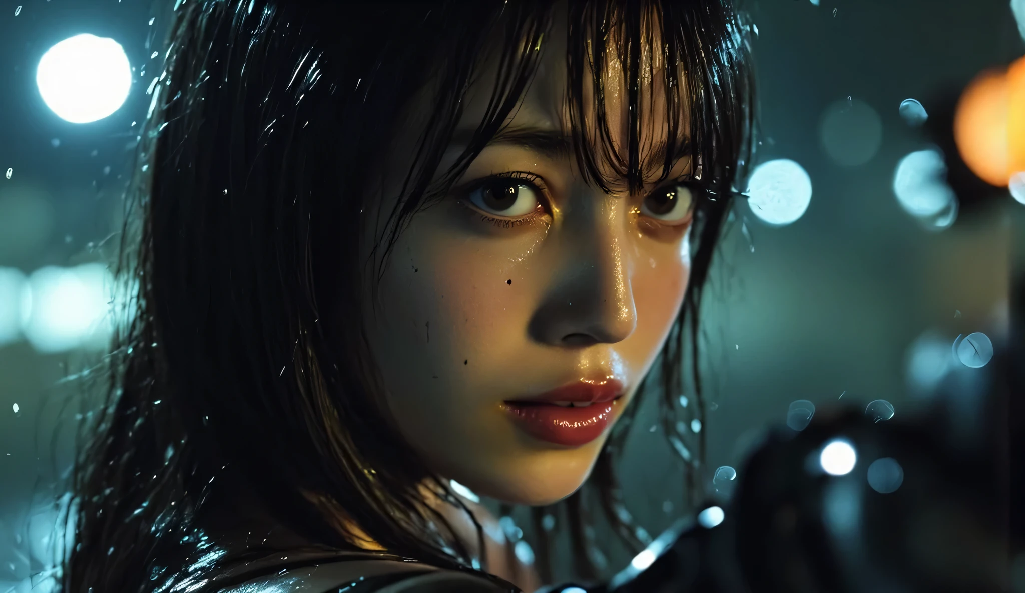 ((( downpour:2.0))),(((HR Gigger style cyberpunk atmosphere:2.0))),(((2holding a submachine gun:2.0))),(Two muzzles directed at the viewer:1.7),(((full body:2.0))),one woman,Female Samurai ,(cute face:1.5),(Beautiful well-balanced face :2.0),((long hair with bangs:2.0)),(black hair:1.5),(beautiful eyes:1.3),(Yellow Eyes:1.3),glamorous shot of a 20-year-old Japanese woman, Slender Beautiful Body ,((model body type:2.0)),((slim body:1.7)),Perfect Body Line,ideal proportions,((big breasts outdoors at night:2.0)),((H cup breasts:1.5)), popup,Sensual Thighs,delicate body,(succulent:1.7),harmonious posture,((Realistic breast depiction :1.7)),((can see lower breasts:2.0)),carefully depict limbs based on perfect anatomy,carefully depicts fingers based on perfect anatomy,(((translucent glass skin that shines black in the style of near-future armor:2.0))),Filled with multicolored LEDs,(((Clear glass skin:2.0))),(((translucent nipples that shine with yellow LEDs:2.0))),(((Coarse mesh fishnet stockings:2.0))),(Hide your nipples with a nipple:1.5),((glowing yellow areolas:2.0)),(full body:1.5),((Tactical Holster:1.5)),(gloves:1.3),concept art,(Best Quality:1.5),(masterpiece:1.5),(超高resolution),resolution,UHD,(Delicate Description), carefully drawn with butterfly wings ,32k,((Realistic Skin Texture:1.5)),(((ultra-realistic:1.5))),carefully draw eyelashes,Highly detailed faces,Highly detailed female hand, Sexy appearance ,very sensual,(Blurry Dim Backgrounds :1.5),Professional Photography,(Movie Lighting:2.0),((Blade Runner style light:2.0))