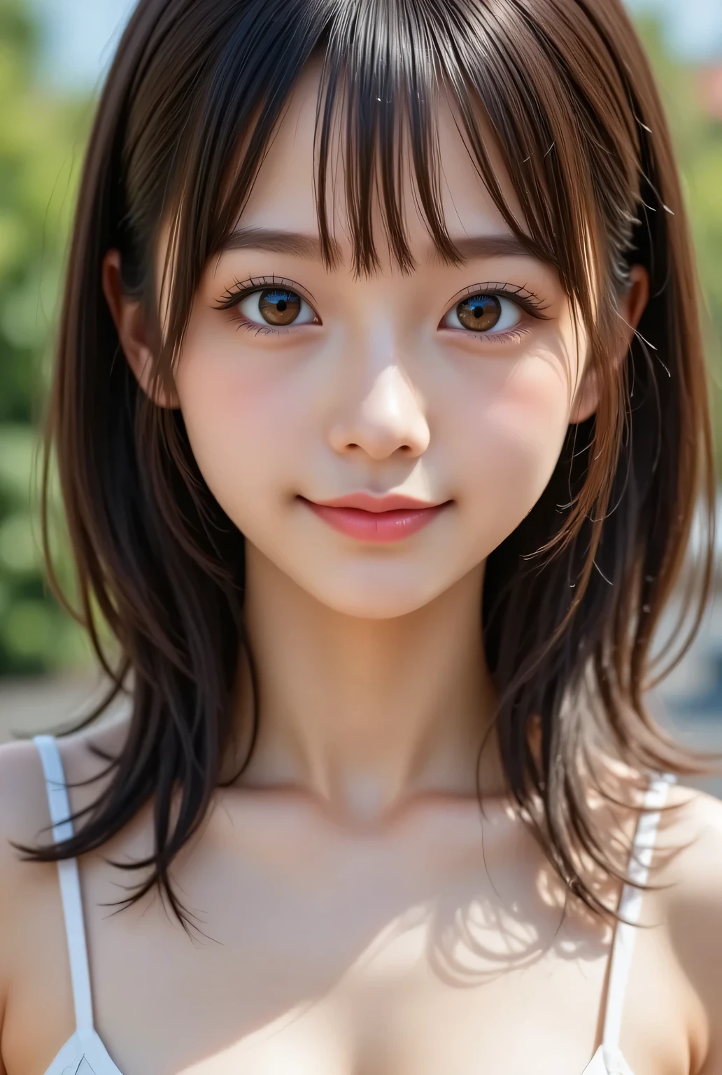 masterpiece , high quality, super detail, super high image quality, 8k，16k，32K, 最high quality , Detailed Faces, Detailed brown eyes， well-groomed eyebrows，18 year old girl，cute face, Bangs，wave hair，Half Smile  , Outdoors，Viewer
