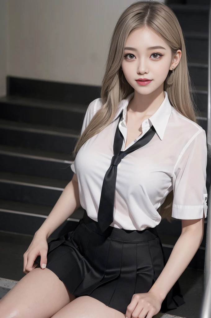 absurdres, 1girl, blush, (realistic:1.5), (masterpiece, Extremely detailed CG unity 8k wallpaper, best quality, highres:1.2), (ultra_detailed, UHD:1.2), perfect illumination, distinct, (1girl:1.4), looking at viewer, unreal engine, sidelighting, perfect face, detailed face, perfect body, beautiful eyes, pretty face, (bright skin:1.4), idol, (abs), ulzzang-6500-v1.1,,((medium breast)),((narrow waist)),(blonde hair),<lora:pang3pong_v2:0.5>,armpit pose, <lora:mahalaiuniform-000001:0.8>,MAHALAIUNIFORM,(((WHITE SHIRT SHORT SLEEVES))),((BLACK polished PENCIL SKIRT)),((BLACK PLEATED SKIRT)),((in the classroom)),(((choker))),((white shirt short sleeves )),((black pencil skirt)),(belt),((standing)),(Full body:1.4),bangs,((glasses)),sharp eyes,peck the corners of the mouth,<lora:HugeASS:0.4>,silver earrings