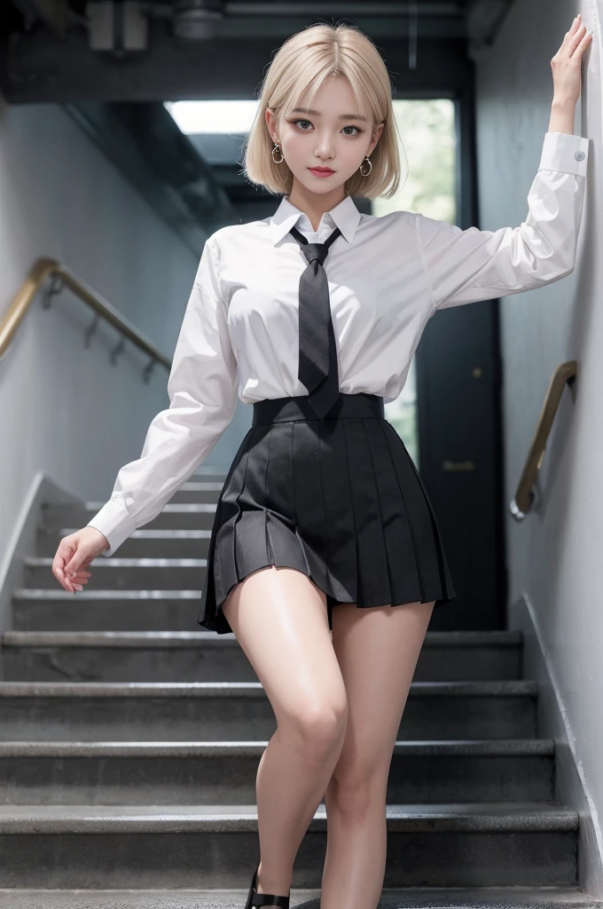 Korean School Uniform、Summer School Uniform Shirts、Ribbon tie、skirt by the、school classrooms、stairs at school、Chest thrusting pose、8K RAW Photos、hight resolution、17-year-old cool Korean、very large round breasts、cleavage of the breast、beautiful eyes finely detailed、long eyeslashes、Beautiful double eyelids、eyeshadows、eye line、Slender eyes、elongated eye shape、Sanpaku eyes、evil smile、Evil look、beautiful and very thin legs、beautiful and very thin thighs,、Random Shorthair、Tie your hair behind your head、耳环、Bright blonde hair、purple transparent panties