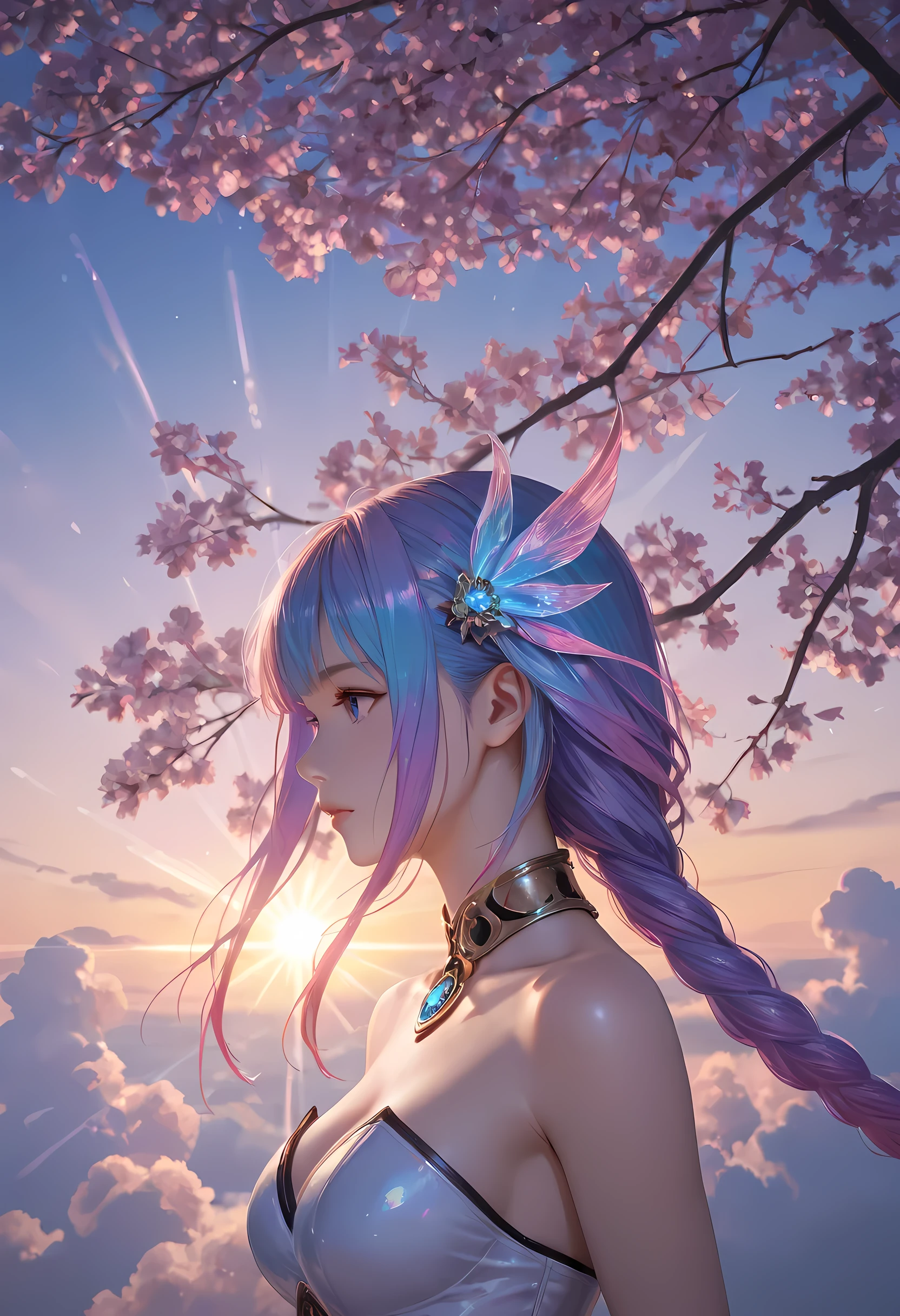 a woman samurai under the cherry tree at sunset, beautiful woman samurai, she holds an epic katana blade, the blade reflects light, ultra feminine, long hair, braided hair, dynamic hair color, an epic cherry tree, many branches, colorful, the sun rays come between the leaves and branches, light reflection, it is sunset, some clouds, award winning, photorealism, depth of field, hyper realistic, Cinematic Shot, fantasy, LOAsuccXL, strapless, anime

