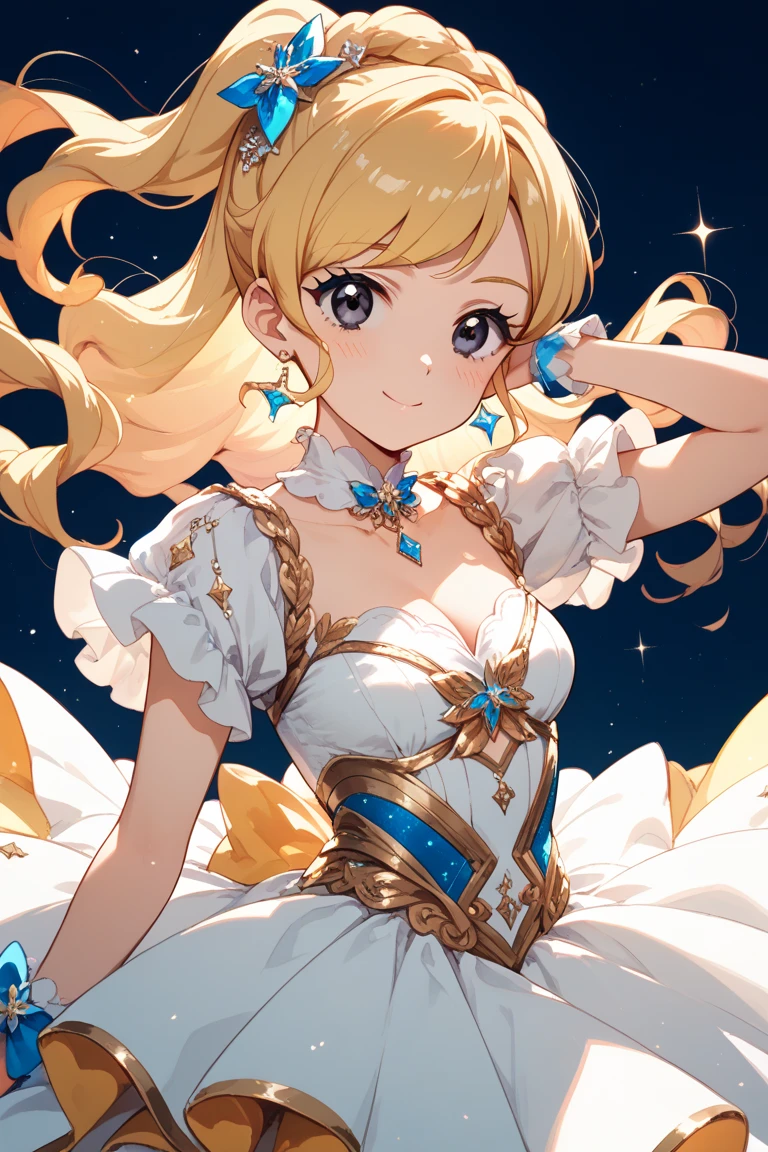 14 years old、beautiful girl、Tiara on head、smile、Yellow Hair、Big eyeoonlit Night、Close-up of face、Beautiful collarbone、Yellow Dress、Close-up of face、Cleavage