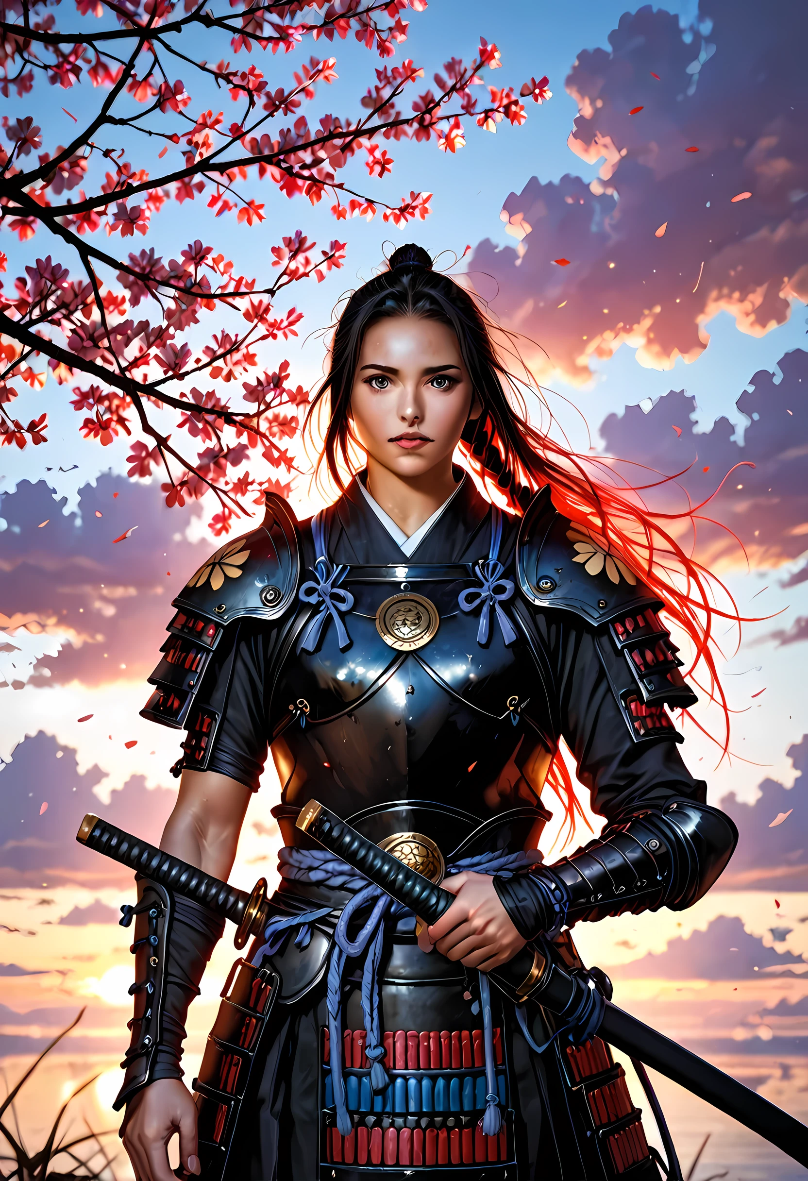 a woman samurai under the cherry tree at sunset, beautiful woman samurai, she holds an epic katana blade, the blade reflects the sun, ultra feminine, long hair, braided hair, dynamic hair color, an epic cherry tree, wearing armor, many branches, colorful, the sun rays come between the leaves and branches, light reflection, it is sunset, some clouds, award winning, photorealism, depth of field, hyper realistic, Cinematic Shot, fantasy, LOAsuccXL