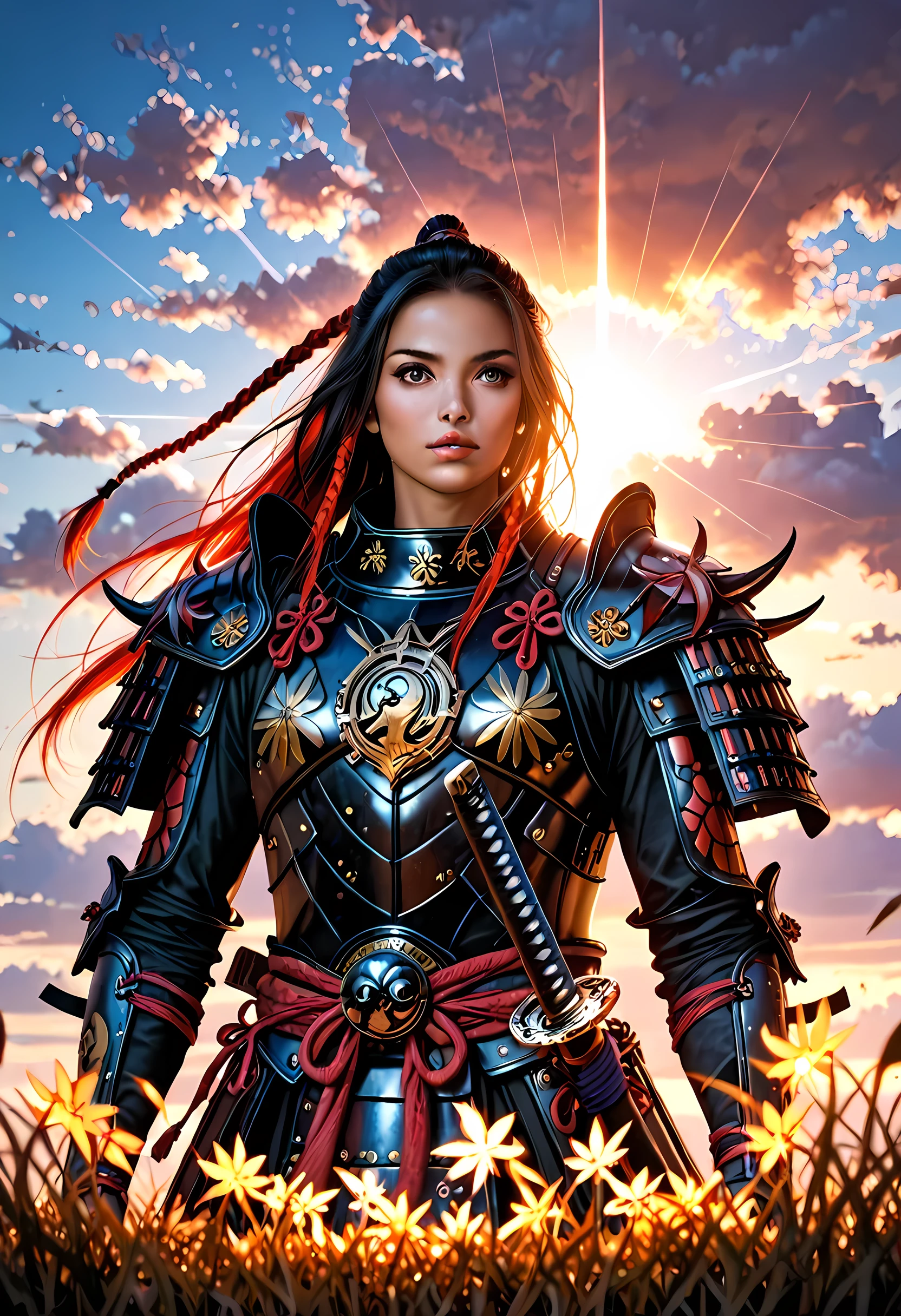 a woman samurai under the cherry tree at sunset, beautiful woman samurai, she holds an epic katana blade, the blade reflects the sun, ultra feminine, long hair, braided hair, dynamic hair color, an epic cherry tree, wearing armor, many branches, colorful, the sun rays come between the leaves and branches, light reflection, it is sunset, some clouds, award winning, photorealism, depth of field, hyper realistic, Cinematic Shot, fantasy, LOAsuccXL