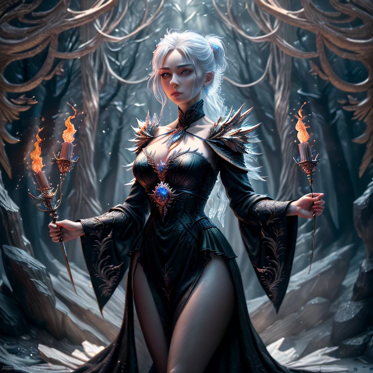 1 magician woman, expressive black eyes, elf ear, white hair, black patterned clothes dress, using his fire magic , full length portrait , mystical atmosphere in background, detail richness, masterpiece, best quality