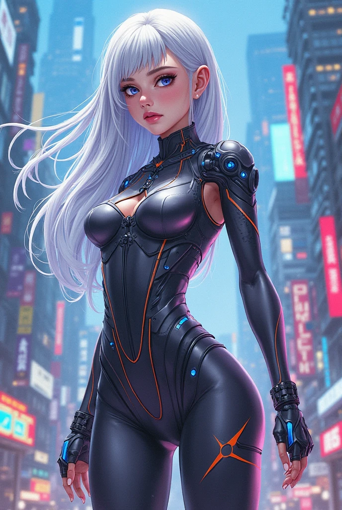 Sad beautiful girl robot cyborg android looking at the camera, Her face is made of panels, blue eyes and white long hair without bangs, She has cybernetic prosthetic arms and lower legs, Neat fingers, Beautiful athletic pumped hips, Beautiful figure, Cyberpunk in the style of cybergoth, The background of a dark cyberpunk city with many details and buildings, Dark atmosphere in anime style