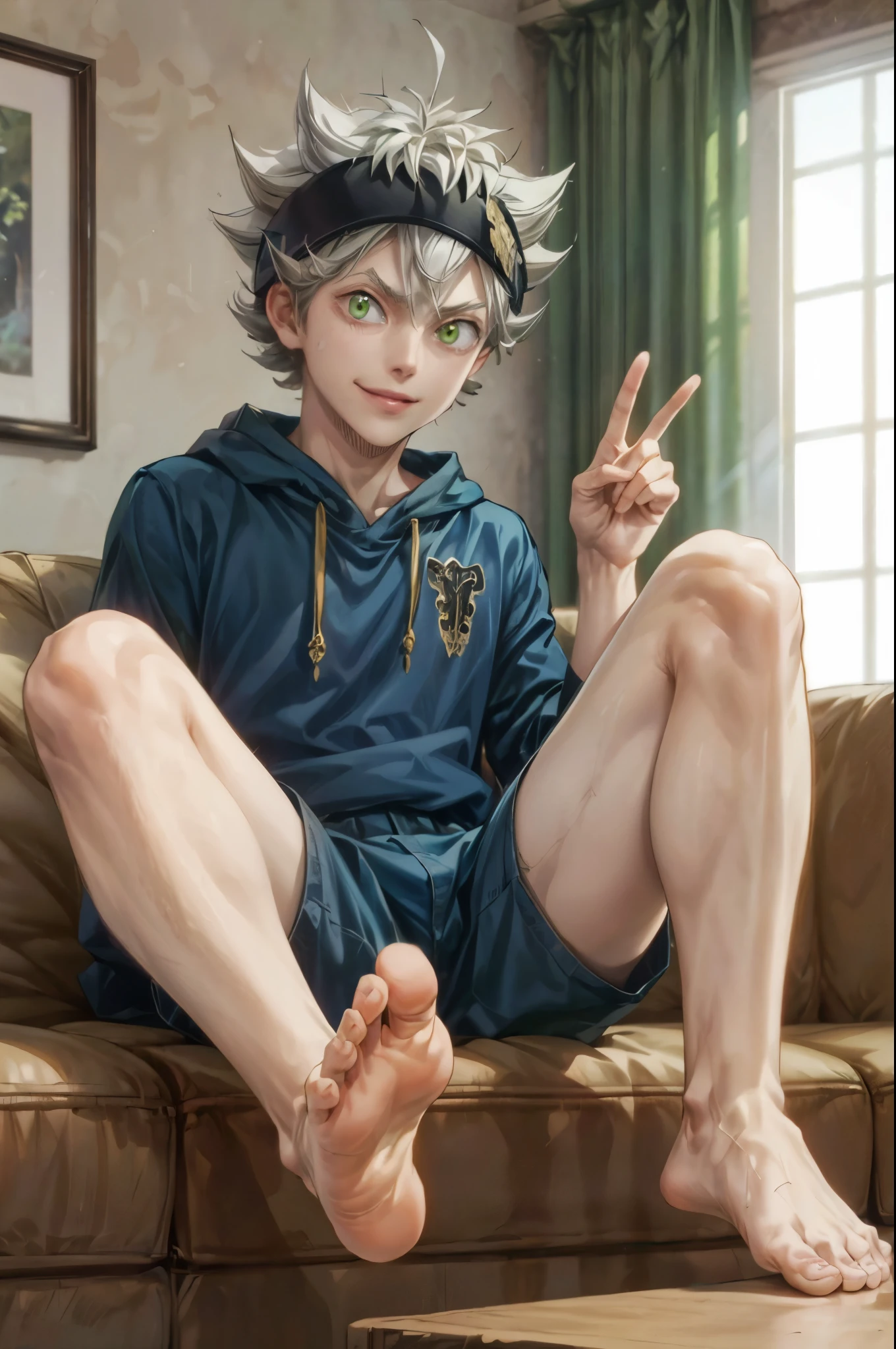 (absurdres, highres, ultra detailed, HDR), masterpiece, perfect faces, detailed faces, intricate details, extremely detailed background scenery, best quality close-up picture, asta, silver hair, green eyes, korean boy, smile, boy guy male man , art by kenouji