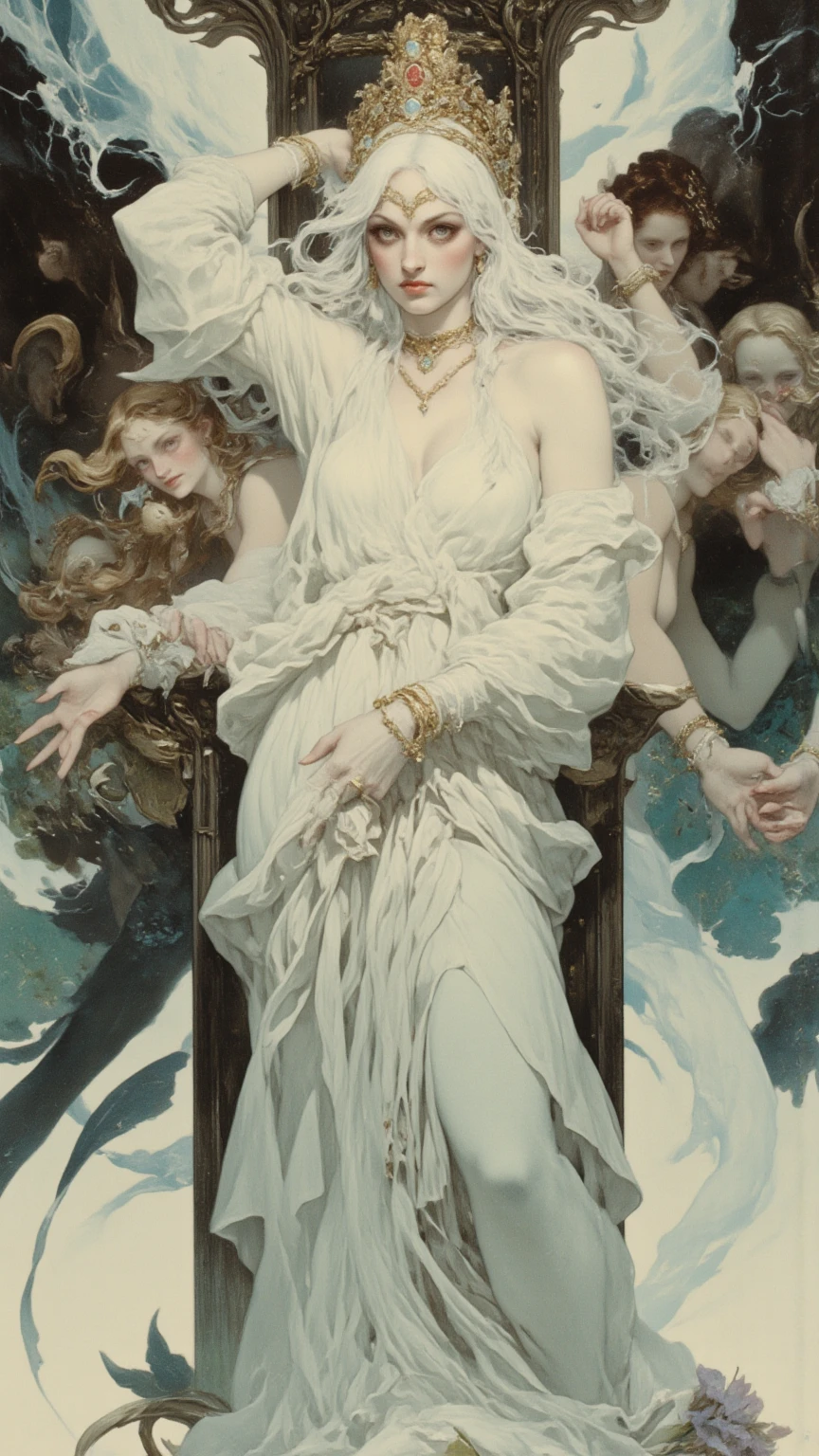 ((Highest quality)), ((masterpiece)), (detailed), Beach,White Hair,Fantasy,baroque painting,Angels and Demons