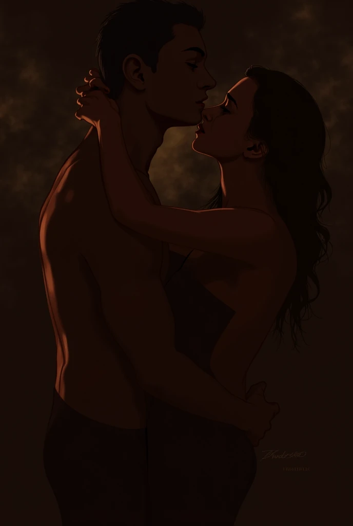 A beautiful woman with long flowing hair, sensual expression, wearing elegant lingerie, embraced passionately by a muscular man, their bodies intertwined, intense intimate connection, dramatic chiaroscuro lighting, cinematic composition, romantic, elegant, erotic.