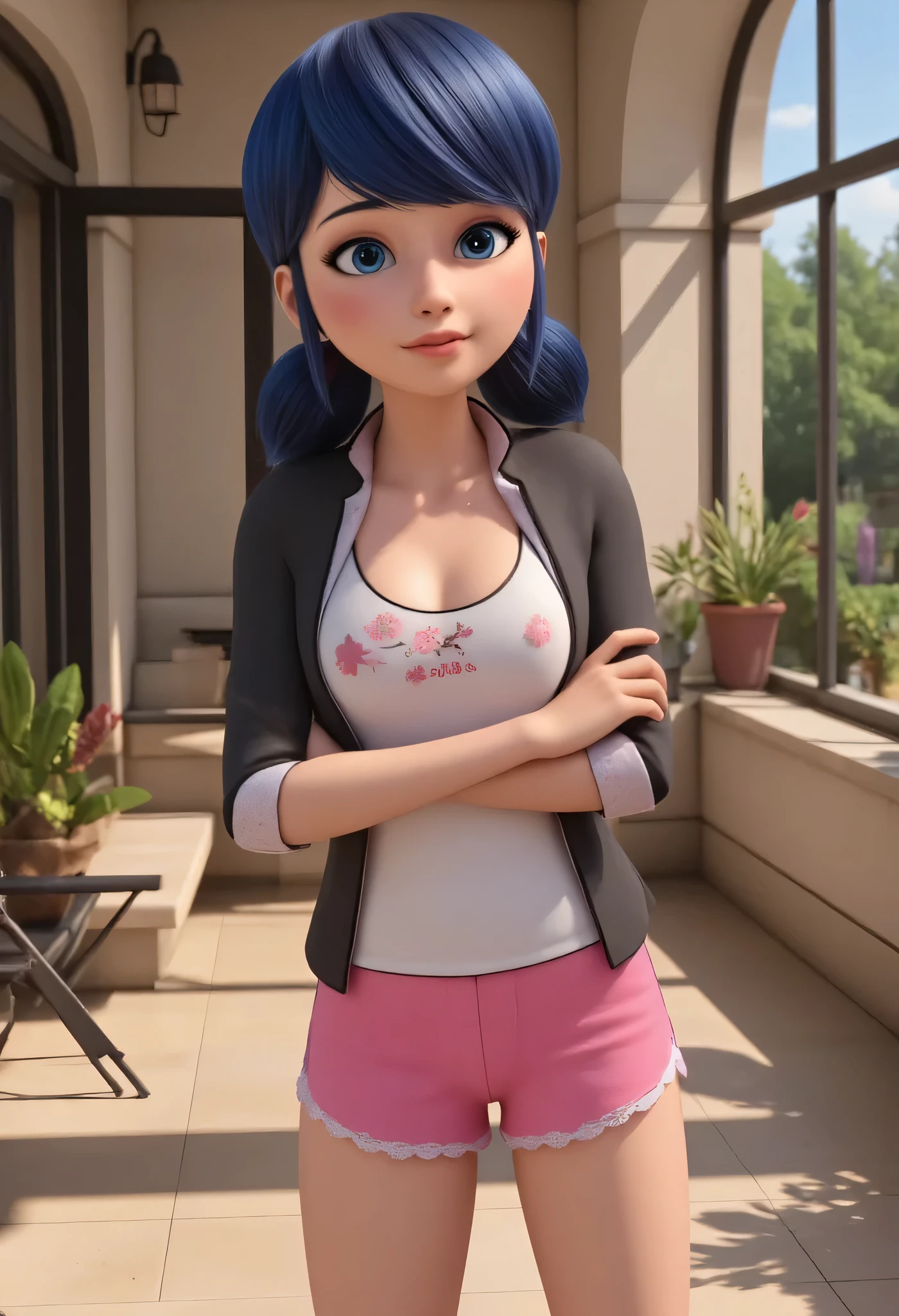1girls aged up alternate costume blush bra blue hair cleavage female female only hair ribbon lace-trimmed bra long hair looking at viewer medium breasts picot trim picot trim bra blue eyes polka dot red and white bra red bra school uniform shirt lift solo upper body Marinette
