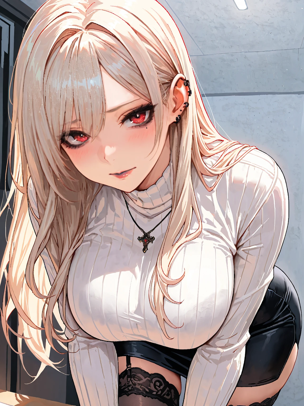 (masterpiece:1.2)、Highest quality、PIXIV、Rebellious girl、One girl、Open your mouth、鋭いteeth、teeth、Long Hair、Street background、gem、badge、ボタンbadge、Food、Deep blue eyes、Earrings、Jacket、eyelash、Foodを下にして、Upper Body、Characters in clothes、zipper、collar、cable、chain、Stickers、hoodie、smile、Focus on the viewer、Chest in the center、Shoulder Bare、Belly button、Black and white hair color,leaning forward,Cyberpunk city,Night view,Black and white grey outfit,Overflowing drool、saliva