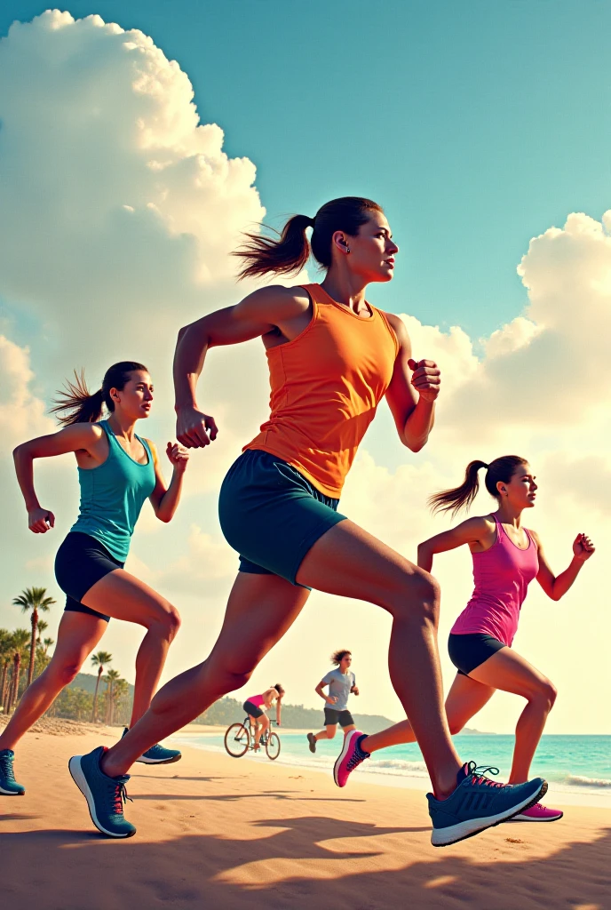 Create an image that represents a healthy lifestyle. Include elements such as a person exercising, a variety of healthy foods and health-related symbols. Use vibrant, positive colors to convey a sense of well-being