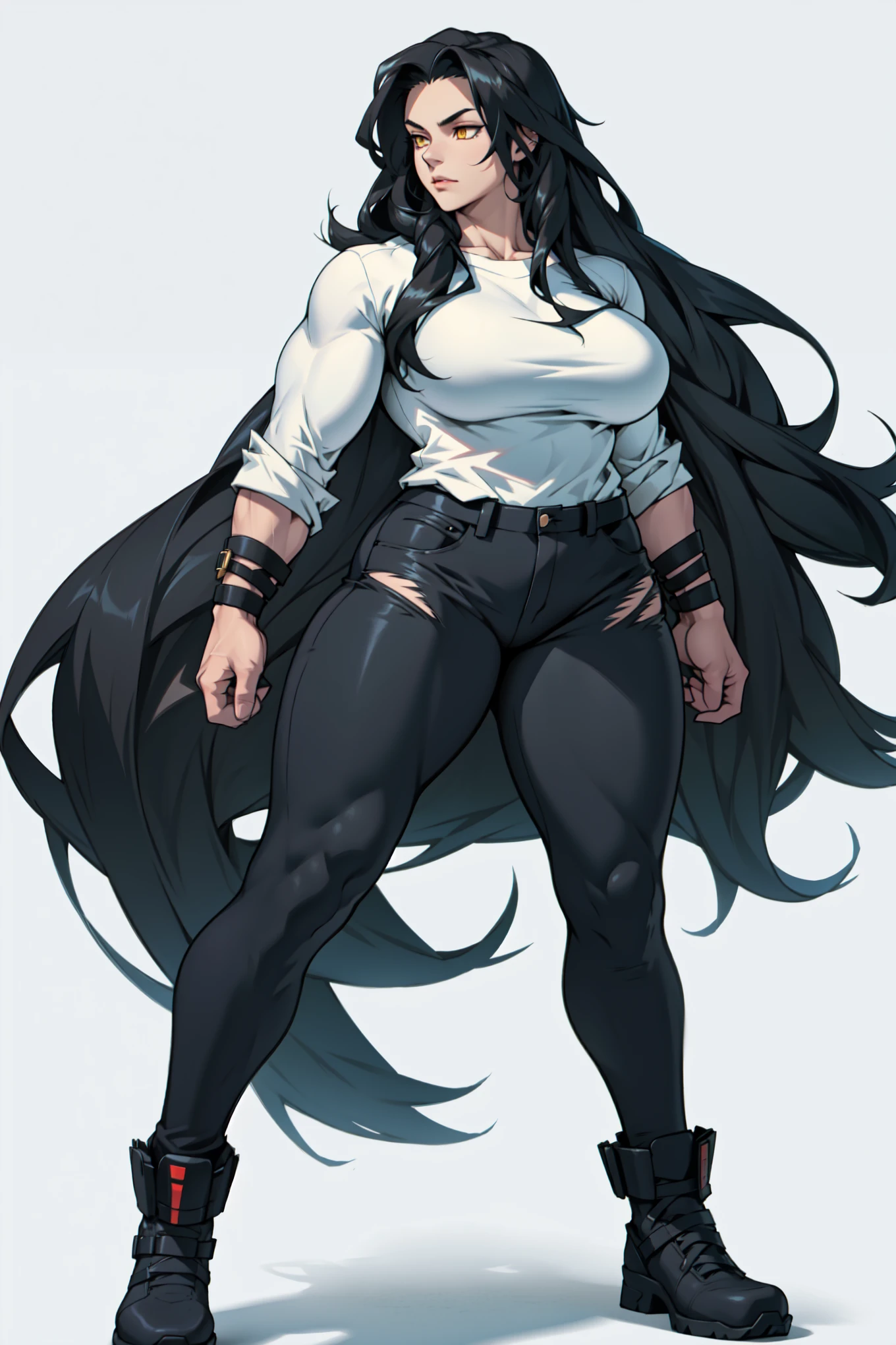 1girl solo black hair yellow eyes very long hair pale skin muscular muscular muscular muscular toned body huge muscles thick thighs girl tight clothes angry blushing messy hair leggings tight shirt long sleeves thick thick thick thick thick thick thick thick thick thick thick thick thick thick thick thick thick thick thick thick thick thick thick thick thick thick thick thick thick thick