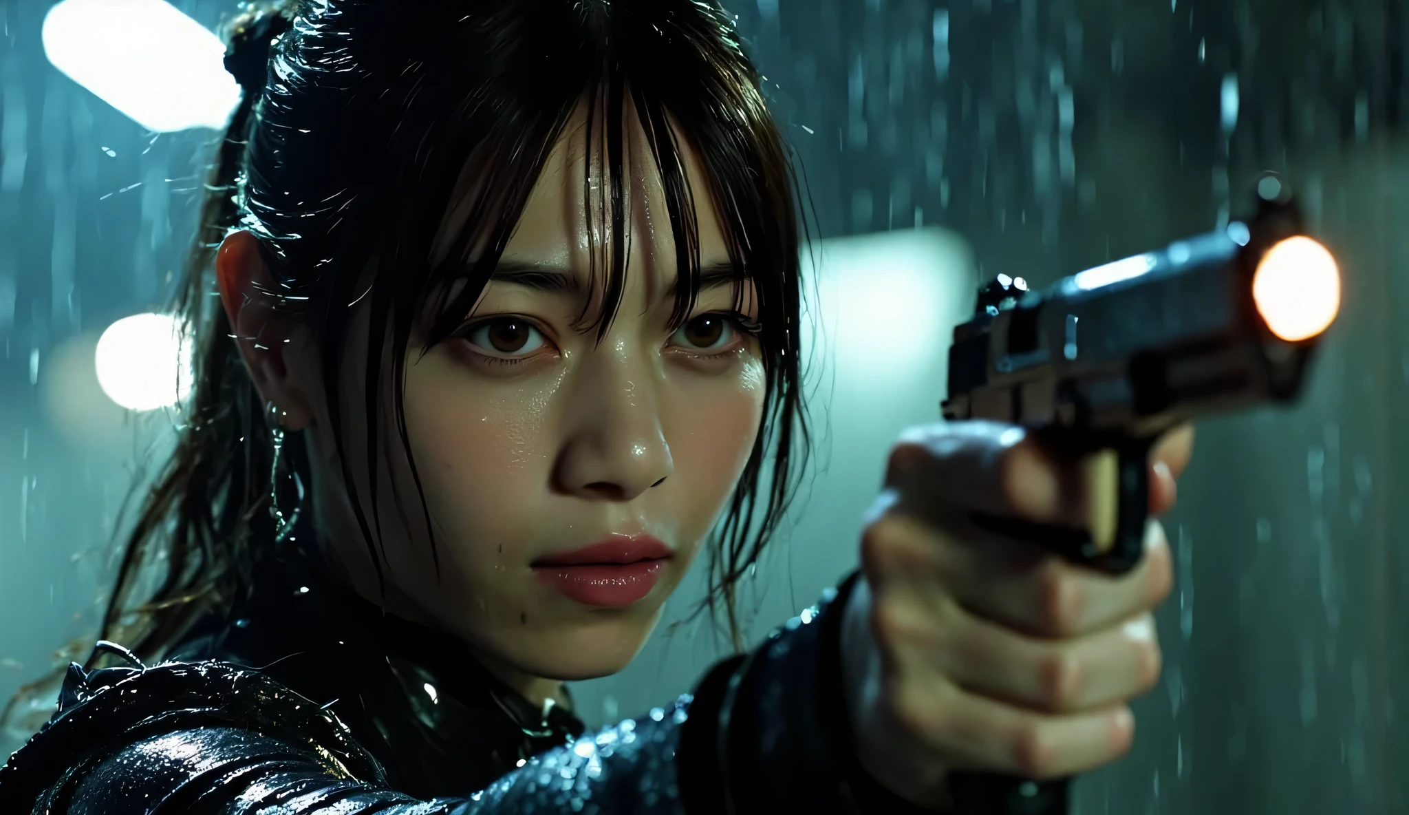 ((( downpour:2.0))),(((HR Gigger style cyberpunk atmosphere:2.0))),(((2holding a submachine gun:2.0))),(Two muzzles directed at the viewer:1.7),(((full body:2.0))),one woman,Female Samurai ,(cute face:1.5),(Beautiful well-balanced face :2.0),((long hair with bangs:2.0)),(black hair:1.5),(beautiful eyes:1.3),(Yellow Eyes:1.3),glamorous shot of a 20-year-old Japanese woman, Slender Beautiful Body ,((model body type:2.0)),((slim body:1.7)),Perfect Body Line,ideal proportions,((big outdoors at night:2.0)),((H cup :1.5)), popup,Sensual Thighs,delicate body,(succulent:1.7),harmonious posture,((Realistic depiction :1.7)),((can see lower :2.0)),carefully depict limbs based on perfect anatomy,carefully depicts fingers based on perfect anatomy,(((black glowing translucent glass skin in the style of future armor:2.0))),Filled with multicolored LEDs,((((Glass translucent skin:2.0)))),(((translucent that shine with yellow LEDs:2.0))),(((Coarse mesh fishnet stockings:2.0))),(Hide your with a :1.5),((glowing yellow :2.0)),(full body:1.5),((Tactical Holster:1.5)),(gloves:1.3),concept art,(Best Quality:1.5),(masterpiece:1.5),(超高resolution),resolution,UHD,(Delicate Description), carefully drawn with butterfly wings ,32k,((Realistic Skin Texture:1.5)),(((ultra-realistic:1.5))),carefully draw eyelashes,Highly detailed faces,Highly detailed female hand, appearance ,very sensual,(Blurry Dim Backgrounds :1.5),Professional Photography,(Movie Lighting:2.0),((Blade Runner style light:2.0))