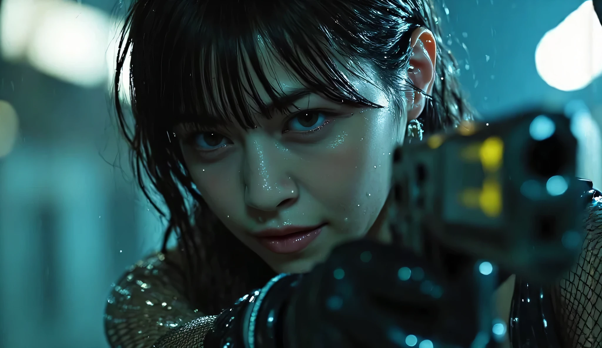 ((( downpour:2.0))),(((HR Gigger style cyberpunk atmosphere:2.0))),(((2holding a submachine gun:2.0))),(Two muzzles directed at the viewer:1.7),(((full body:2.0))),one woman,Female Samurai ,(cute face:1.5),(Beautiful well-balanced face :2.0),((long hair with bangs:2.0)),(black hair:1.5),(beautiful eyes:1.3),(Yellow Eyes:1.3),glamorous shot of a 20-year-old Japanese woman, Slender Beautiful Body ,((model body type:2.0)),((slim body:1.7)),Perfect Body Line,ideal proportions,((big breasts outdoors at night:2.0)),((H cup breasts:1.5)), popup,Sensual Thighs,delicate body,(succulent:1.7),harmonious posture,((Realistic breast depiction :1.7)),((can see lower breasts:2.0)),carefully depict limbs based on perfect anatomy,carefully depicts fingers based on perfect anatomy,(((black glowing translucent glass skin in the style of future armor:2.0))),Filled with multicolored LEDs,((((Glass translucent skin:2.0)))),(((translucent nipples that shine with yellow LEDs:2.0))),(((Coarse mesh fishnet stockings:2.0))),(Hide your nipples with a nipple:1.5),((glowing yellow areolas:2.0)),(full body:1.5),((Tactical Holster:1.5)),(gloves:1.3),concept art,(Best Quality:1.5),(masterpiece:1.5),(超高resolution),resolution,UHD,(Delicate Description), carefully drawn with butterfly wings ,32k,((Realistic Skin Texture:1.5)),(((ultra-realistic:1.5))),carefully draw eyelashes,Highly detailed faces,Highly detailed female hand, Sexy appearance ,very sensual,(Blurry Dim Backgrounds :1.5),Professional Photography,(Movie Lighting:2.0),((Blade Runner style light:2.0))
