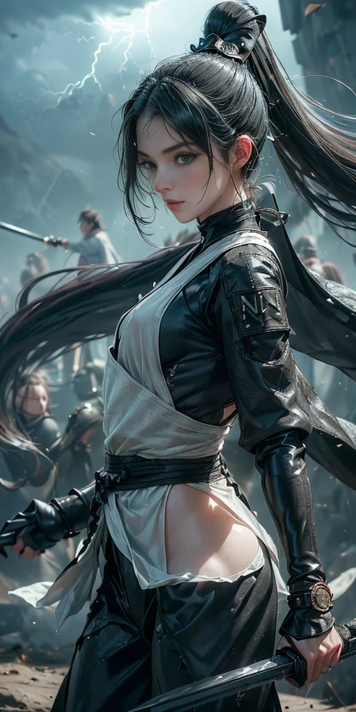 ((((masterpiece, Best Quality, High resolution)))), extremely detailed 8K, {(1 girl:1.6), sexy Beautiful girl with slim body, (ninja:1.8):1.6}, (Ultra HD, Ultra-detailed, Highly detailed, Highly realistic, Ultra-realistic, photos realistic), {deep depth of field, (god ray:1.2), (bounced front lighting:1.1), (soft diffused lighting:1.6) }, (1girl:1.5), white long hair, (dynamic sexy poses), (very delicate and natural hair:1.3), facing at camera, light smile, (big firm bouncing breasts:1.6), (very delicate and natural face, very delicate and natural eyes:1.3),(very delicate and natural clothes:1.2),(crystal blue eyes:1.2) (sexy see-through black ninja suit, The chest part of the suit is widely open, Chest exposed:1.5), {white roses, (battle field:1.2), (flower storm:1.3),(in battle:1.8)}