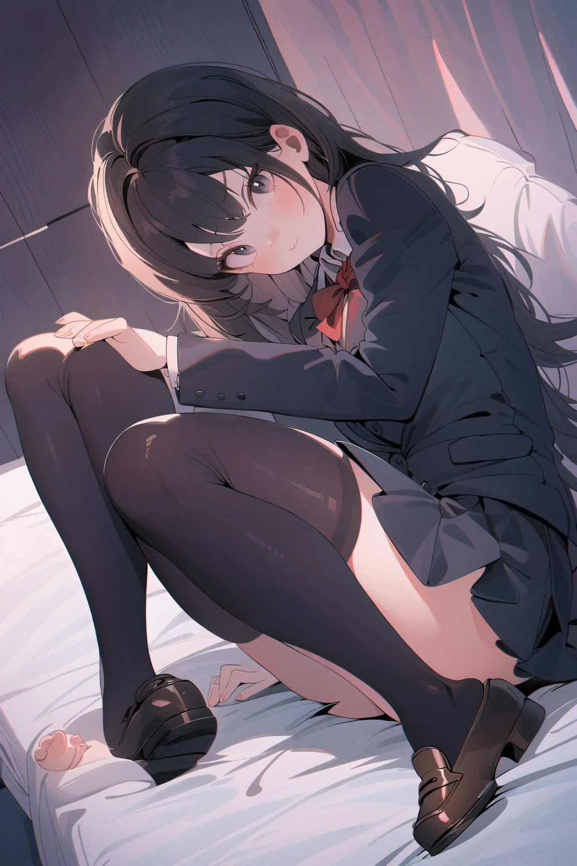 finest, masterpiece, High resolution, (Full body view from head to toe), Composition from slightly below the front, Symmetrical, 18 years old, slim and beautiful girl, alone, (small breasts), (not wearing shoes),Unkempt brown hair, bangs, (black tights), (black pantyhose), (Pose with legs spread on the bed), tied up with both arms hidden behind the back, (Composition showing white panties), (her legs spread、I can see white panties.), blush, shy big eyes, looking at camera, blazer uniform, plaid pleated skirt、Panties around ankles