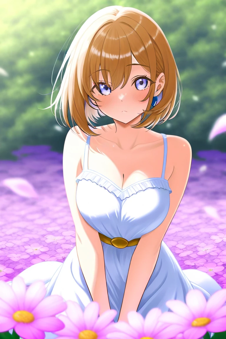 1girl, solo, breasts, blush, short hair, open mouth, bangs, cleavage, medium breasts, purple eyes, collarbone, upper body, purple hair, :o, crossed arms, spiked hair, genderswap, covering, genderswap (mtf), covering breasts, tiles, retro artstyle, 1990s (style), tile wall