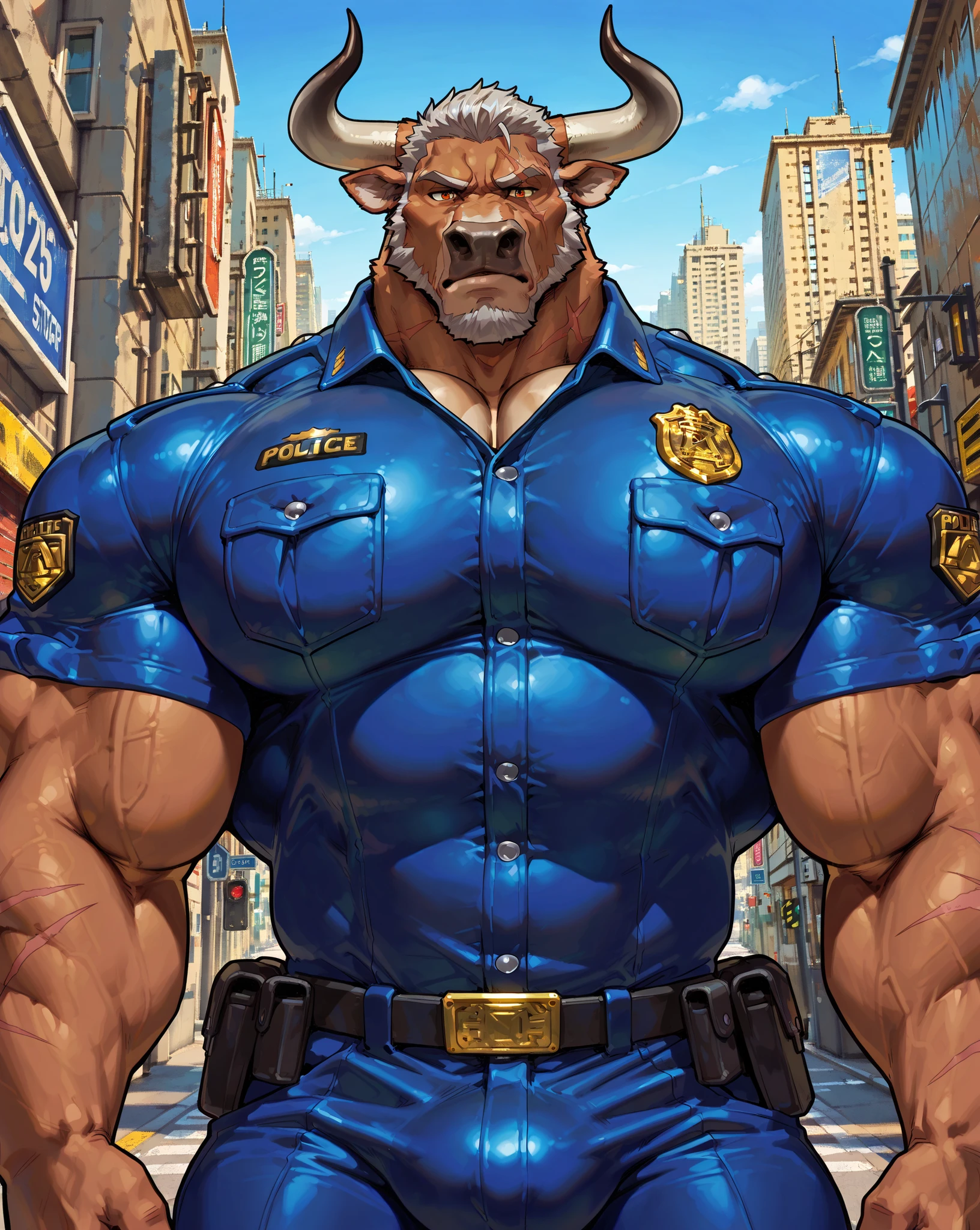 Super muscular boar beastman,Wear a uniform,Blindfold,A desperate and painful look,Mouth wide open with tongue sticking out,Getting cumshot in the face by some guys,(Surrounded by huge, red and black erect penises)