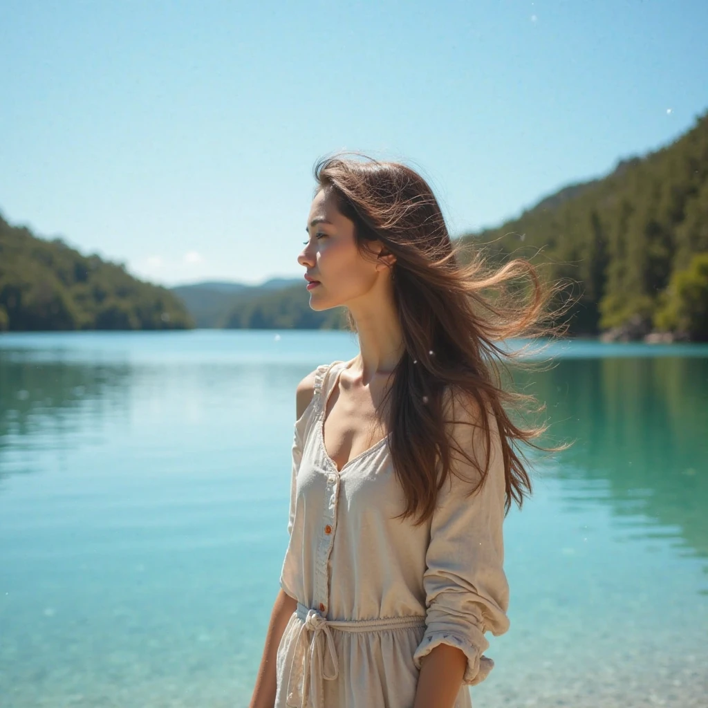 A sunny day at waterfall, a photographer girl with curly locks and bright blue eyes sits precariously on the edge of a small wooden boat, her red sundress fluttering in the gentle breeze as she gazes out at the endless horizon, the warm golden light of late afternoon casting a flattering glow over her sun-kissed skin, in hand dslr.