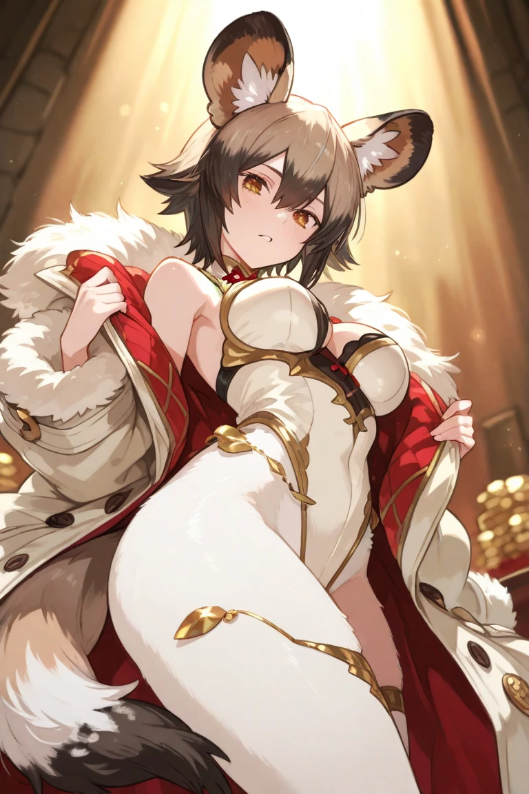((highest quality)), ((masterpiece)), (detailed), (Perfect Face)、The woman is Marina Katsuragi and has long brown hair.、She has red eyes, a gorgeous black long slit see-through dress that shows off her skin, a see-through cape with fur, a jeweled necklace, a tiara, earrings, a head dress-up chain, a waist chain, bracelets, anklet, etc.々She wears lavish jewelry and shiny black boots.