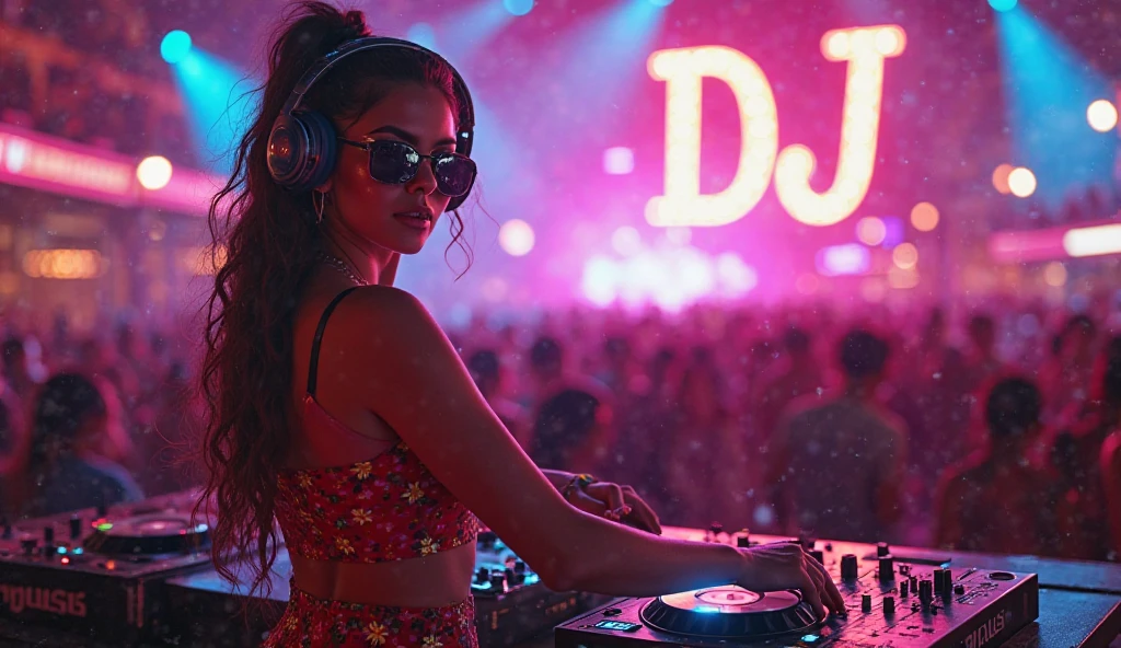 (Best Quality,Ultra-detailed),(Realistic:1.37)Girl DJ, (((vinyl rack))), Lively dance floor, foreshortening, (seductive position), looks at the viewer,Smiling,(NSFW:1.0), in headphones, t shirt, thongs, An impatient expression on his face,creation,Joyful,Playful,Happy,expressive,Beautiful bright colors,imagination,Musical talent,Passion for art,Musical clutter,,The Creative Process,Presentation of the final result,inspiration,Musical creativity,Vivid imagination,tooling ,Musician's palette,,A creative journey,Musical endeavors,Musical performance,Creative energy,artistic atmosphere,,Expressive features,Playful atmosphere,Artistic playfulness,Live Art Scene,,Dynamic composition,Living works of art,Colorful & Vibrants,The result of musical expression,Energetic manner of writing,A colorful masterpiece.Makeup artists do makeup for celebritieasterpiece:1.2), Best Quality, Masterpiece, hight resolution, Original, extremely detailed wallpaper, perfect lighting,(extremely detailed CGI:1.2),