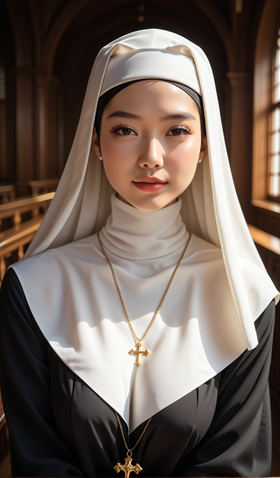 Young nun, shy, eyes closed, Surrealism, from above, 8k, super detail, highres, textured skin, anatomically correct