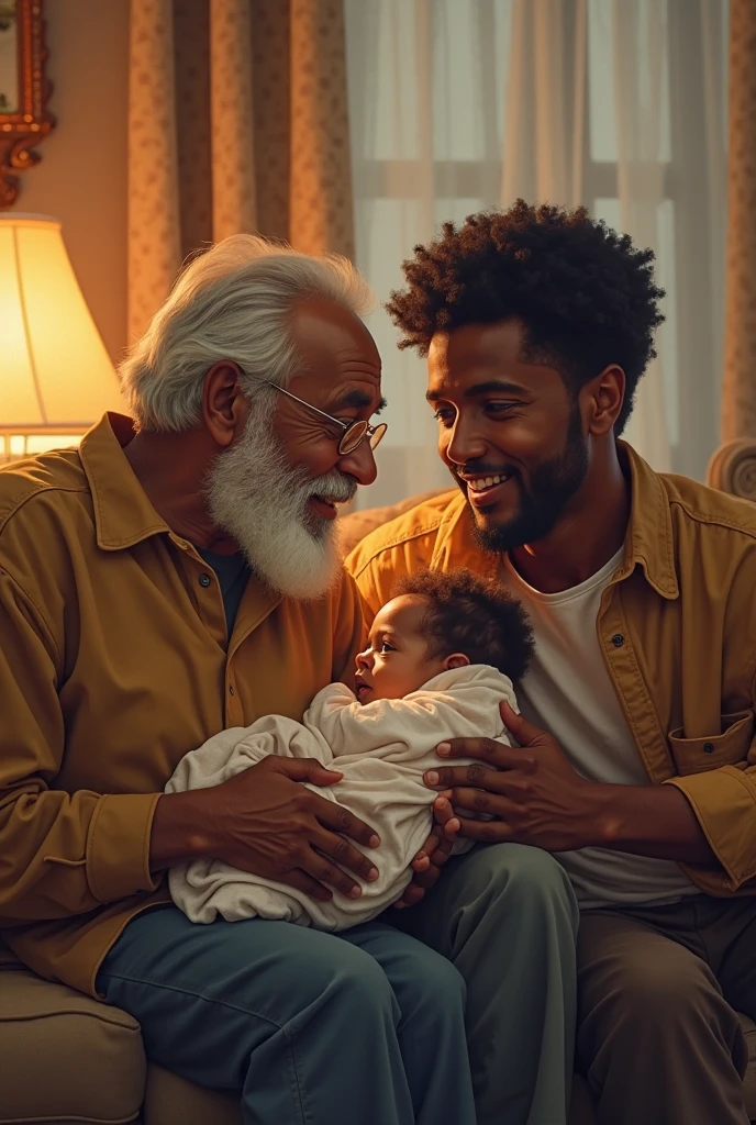 Two men side by side, one is white with light hair aged 50 years old both, another is dark-skinned with short black hair, They are holding a baby.