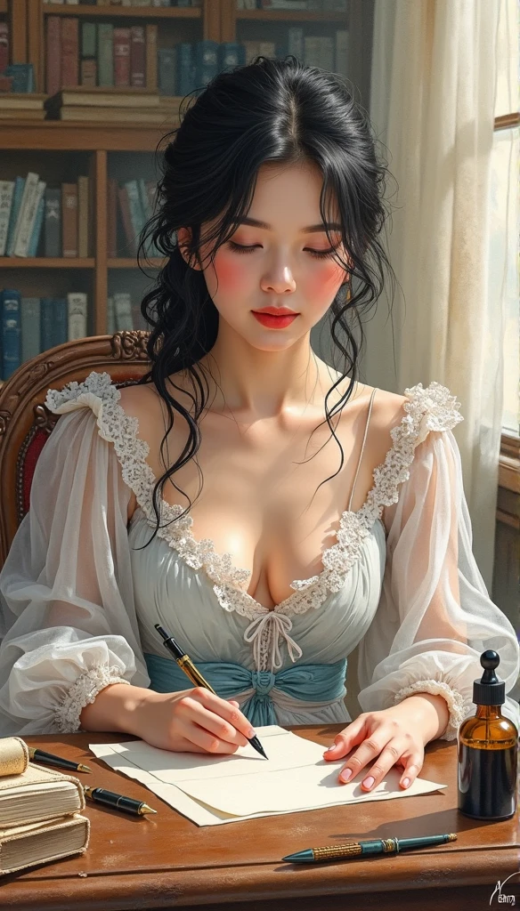 Inside the Baroque style library, 1 european 25 y. o. woman sitting at the table and reading books, in antique armchair, in front of her glass of wine, candlelight with candles in background, soft blurry front light, jewels, pendant made of glass, perfect face, rule of thirds, stunning green eyes, short ponytail hair, highly detailed blonde hair, proportionate physique, elegant antique environment, in the background columns and statues made of glass, in18th century Baroque style darkened room, antique furnitures, beautiful princess,perfect face, beautiful face, perfect female body, mature female,crown,sexy blue lace gossamer cloak,sexy blue lace gossamer coat,sexy blue lace gossamer shawl,sexy blue gossamer skirt,sexy blue lace underwear,sexy blue lace thong,blue lace gloves,stockings,necklace,earrings,jewels,jewelry,head ornaments,hands ornaments,legs ornaments,high heels,huge breasts,large breasts,big boob,Burst breasts,Big breasts,Plump breasts,Expose breasts,bare breasts,Narrow waist,Bare ass,big ass,bare belly,bare navel,wet,wet body,sweating body,shiny skin,pubic hair,draperies, bokeh, glow, reflections, soft light rays, neutral colors, insanely intricate details, amazing fine detail, photorealistic, hyperrealistic, lifelike texture, dynamic composition, contrast lighting, cinematic lighting, filmstill, sharp focus, wide angle, ((great depth of field)), raw photo, photon metering, dslr, 8k, ultra high res, hyper detailed, Award - winning photograph, Masterpiece, photography with Hasselblad, f5.6 lens 500mm, Kodak Portra 400 4x5,