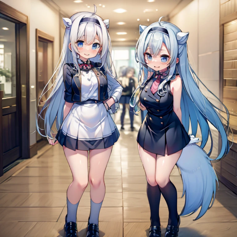(Highest quality), (High resolution), (masterpiece), (Very detailed), Wolf Ear, Silver Hair, Long Hair, Bright Blue Eyes, One Girl, Silky skin, Shiny skin, Athletic build, blush, Heavy breathing, chest, Fully dressed in school swimsuit, Front view, Perfect composition, (Bright saturation), The corner of the desk is glued to his crotch, Standing on tiptoes, Dripping love juice, Heart Pupil, Expression of pleasure, Trembling with sexual climax, Heavy breathing